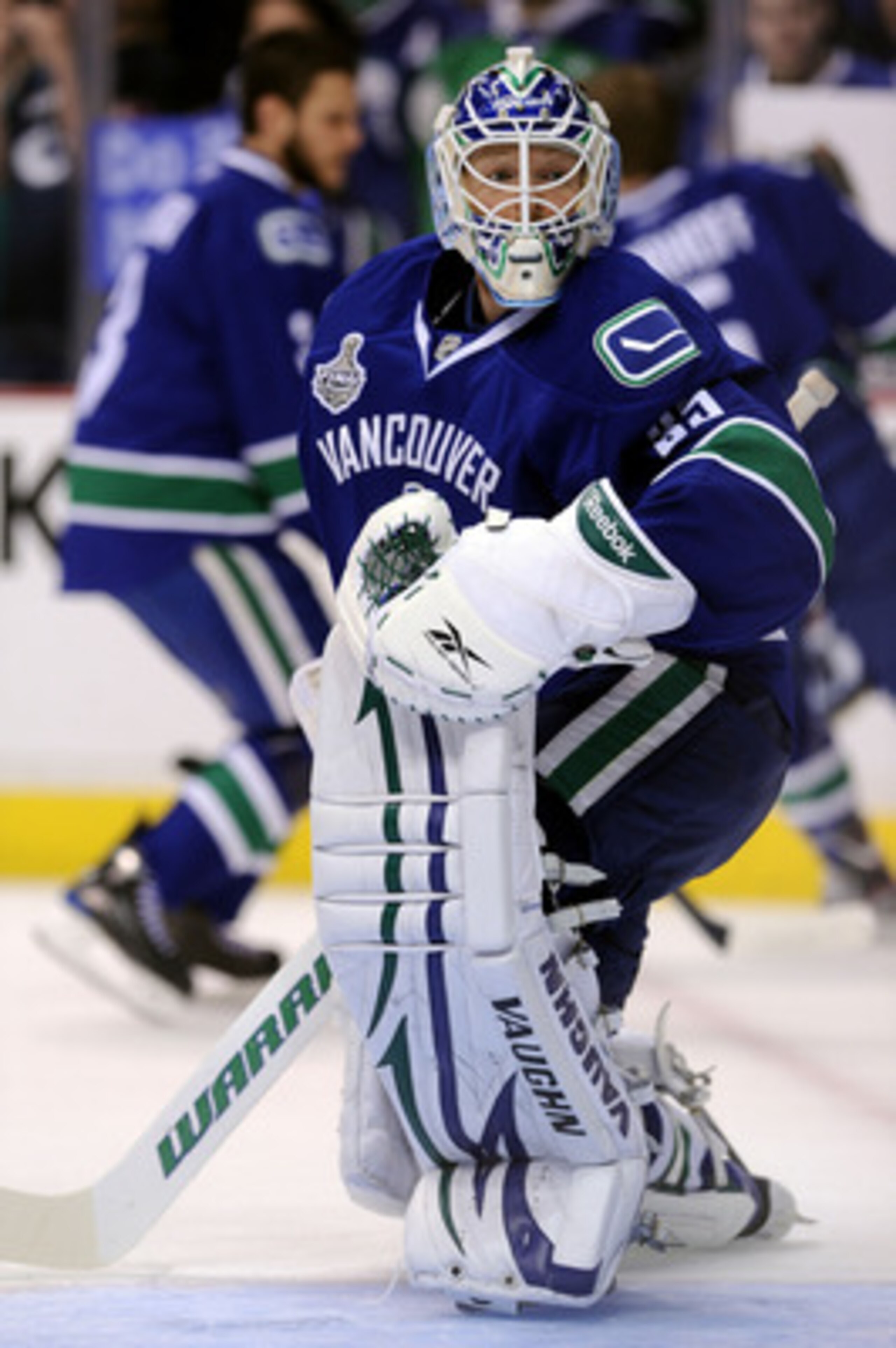 VANCOUVER, BC - JUNE 04:  Cory Schneider #35 of the Vancouver Canucks warms up in goal prior to Game Two against the Boston Bruins in the 2011 NHL Stanley Cup Final at Rogers Arena on June 4, 2011 in Vancouver, British Columbia, Canada.  (Photo by Harry H