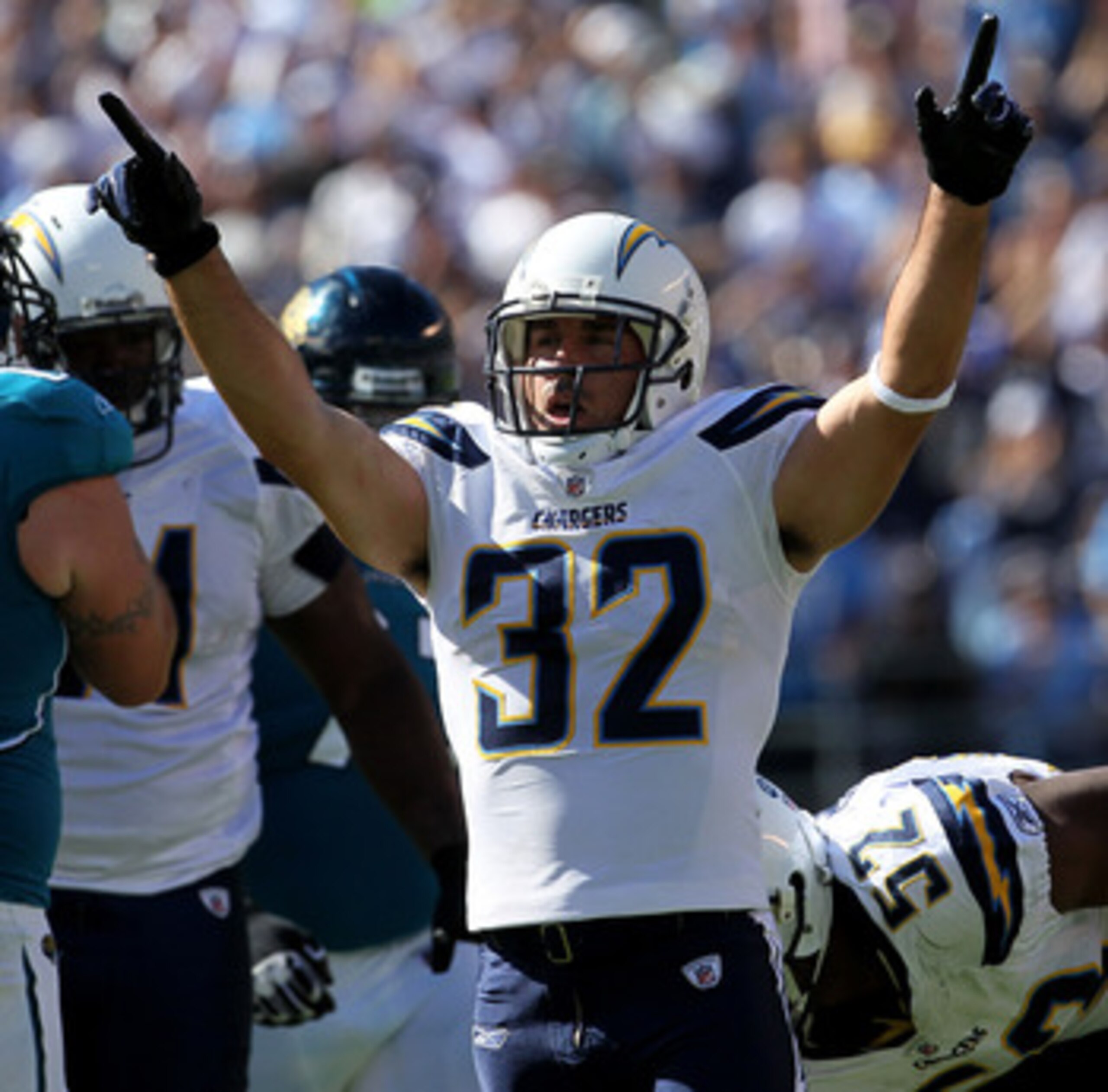 SAN DIEGO - SEPTEMBER 19:  Safety Eric Weddle #32 of the San Diego Chargers celebrates a sack against the Jacksonville Jaguars at Qualcomm Stadium on September 19, 2010 in San Diego, California. The Chargers won 38-13.  (Photo by Stephen Dunn/Getty Images