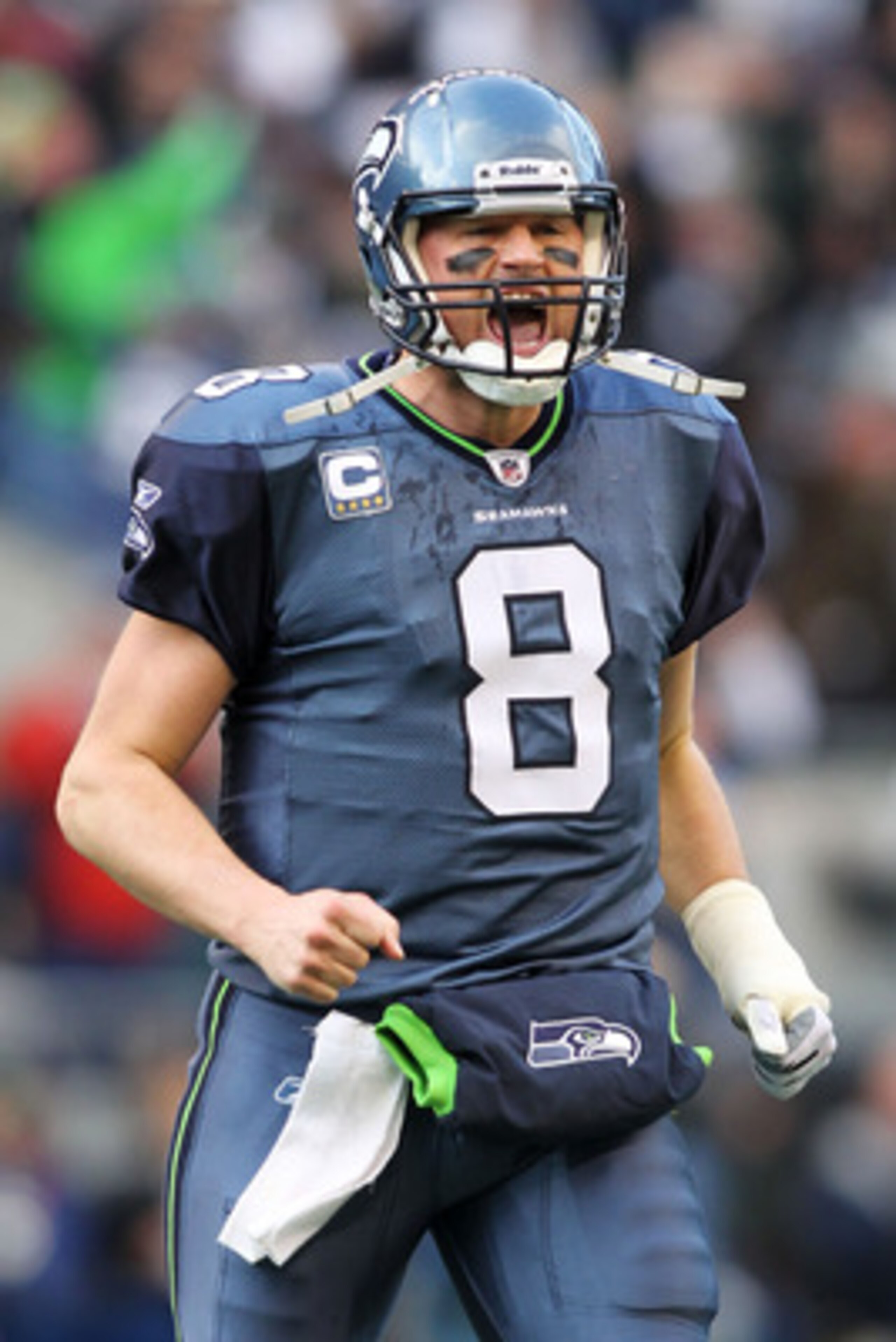 SEATTLE, WA - JANUARY 08:  Matt Hasselbeck #8 of the Seattle Seahawks reacts during their game against the New Orleans Saints during the 2011 NFC wild-card playoff game at Qwest Field on January 8, 2011 in Seattle, Washington.  (Photo by Jonathan Ferrey/G