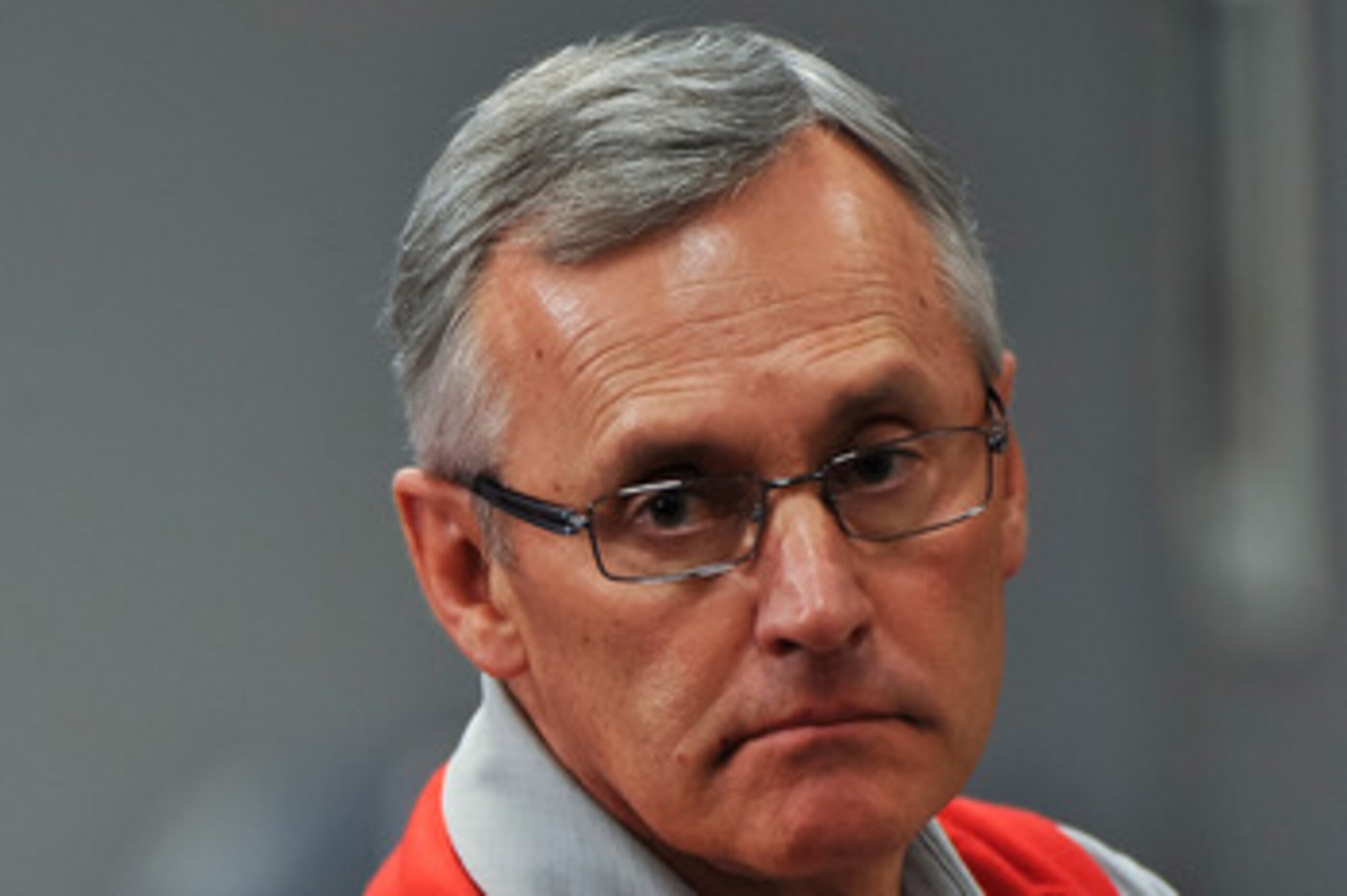 COLUMBUS, OH - MARCH 30:  Head Coach Jim Tressel listens to a member of the media during a press conference before the start of Spring practices at the Woody Hayes Athletic Center at The Ohio State University on March 30, 2011 in Columbus, Ohio. (Photo by