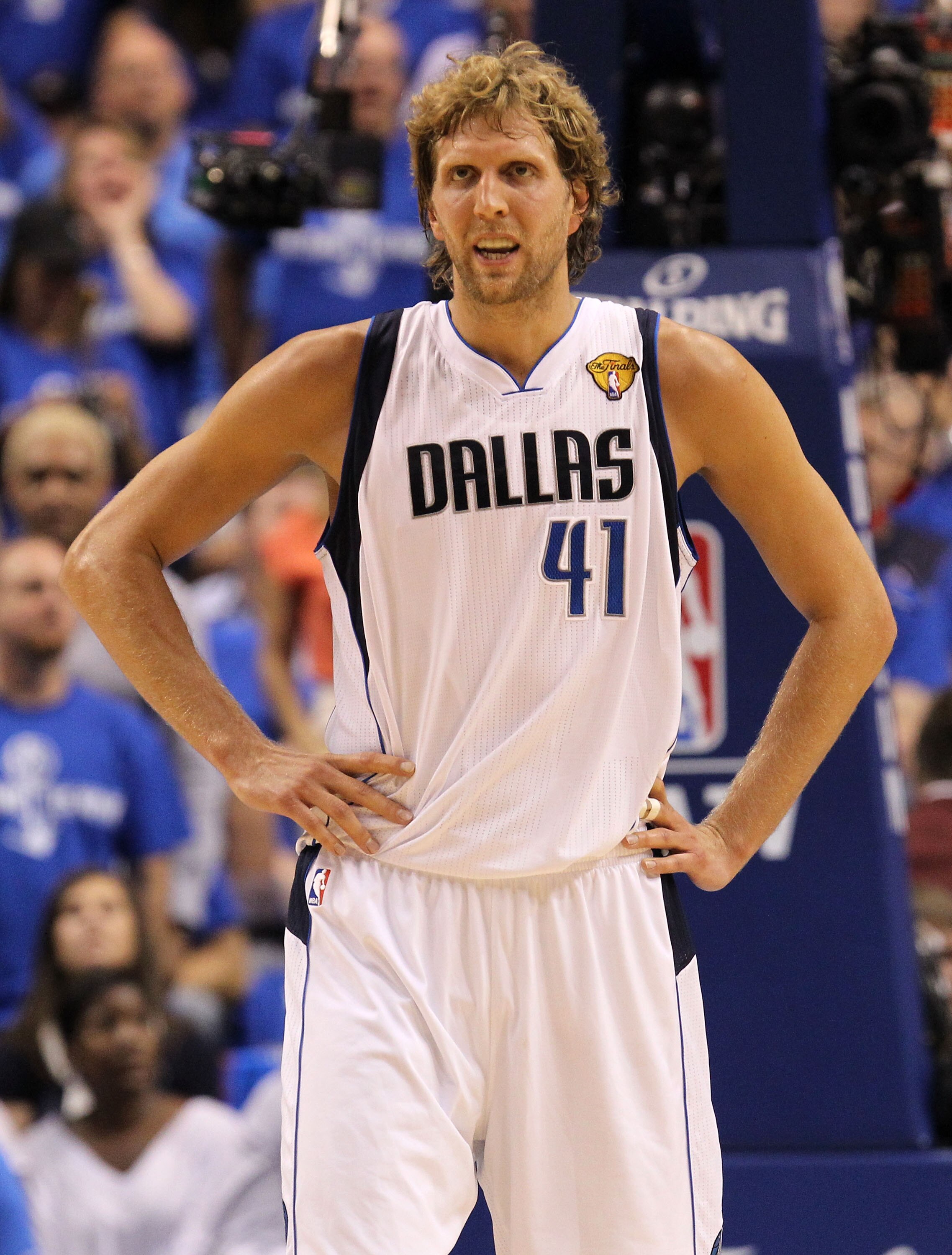 DALLAS, TX - JUNE 05:  Dirk Nowitzki #41 of the Dallas Mavericks looks on in the second quarter while taking on the Miami Heat in Game Three of the 2011 NBA Finals at American Airlines Center on June 5, 2011 in Dallas, Texas.  NOTE TO USER: User expressly