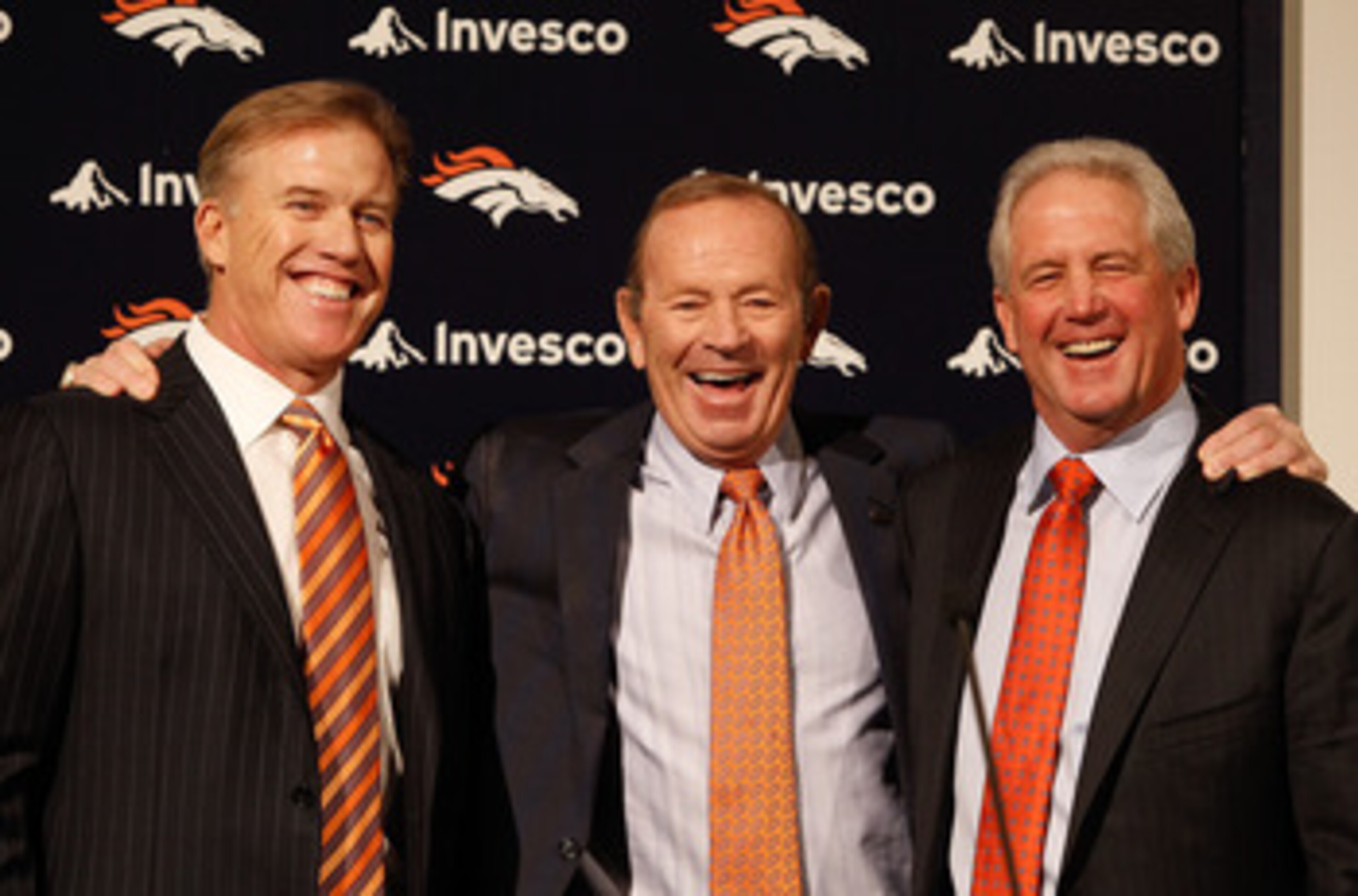 ENGLEWOOD, CO - JANUARY 14:  Denver Broncos vice president of football operations John Elway (L), owner Pat Bowlen and new head coach John Fox share a laugh before Fox addressed the media at Dove Valley on January 14, 2011 in Englewood, Colorado. Fox was