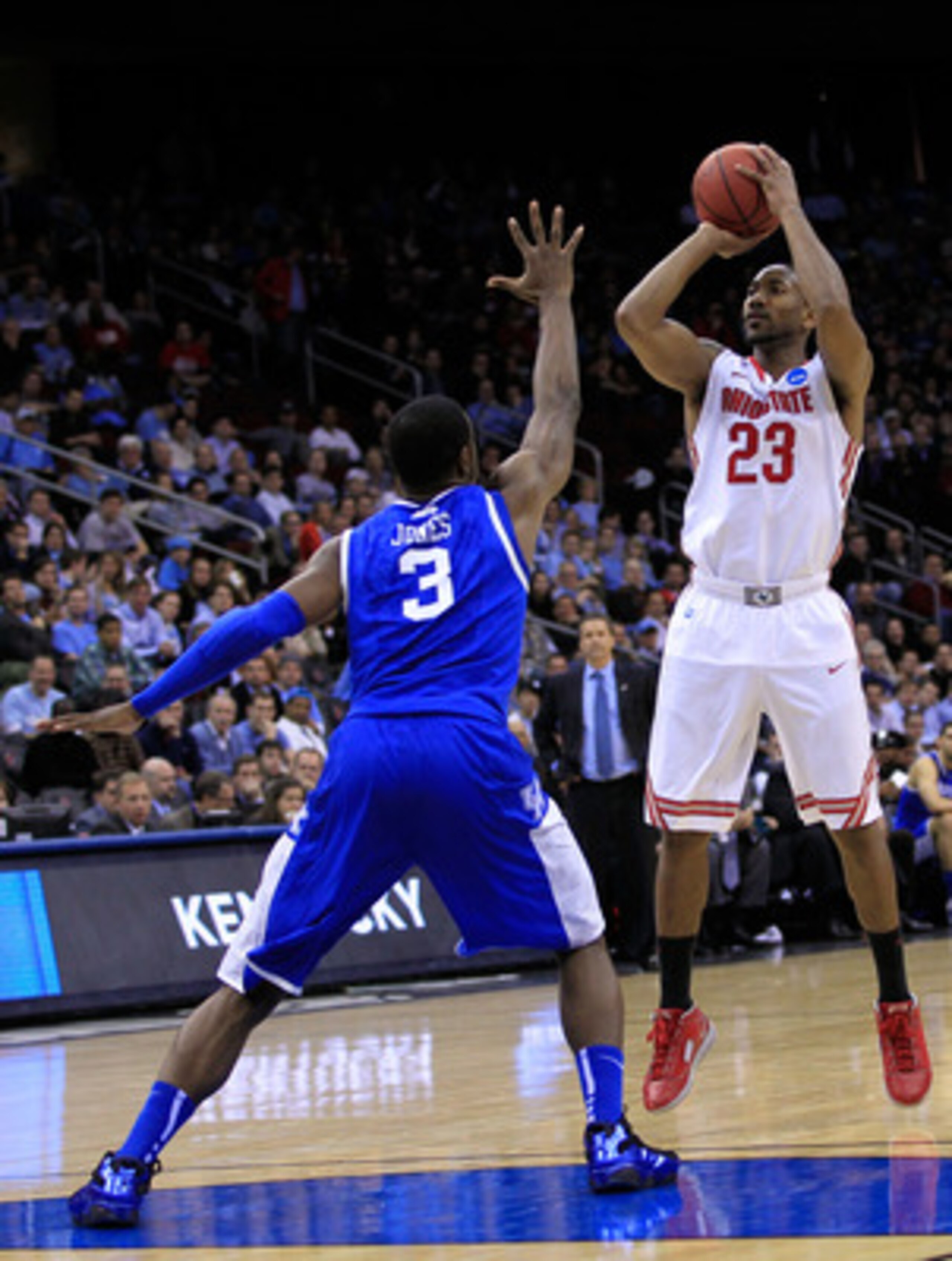 NEWARK, NJ - MARCH 25:  David Lighty #23 of the Ohio State Buckeyes in action against Terrence Jones #3 of the Kentucky Wildcats during the east regional semifinal of the 2011 NCAA Men's Basketball Tournament at the Prudential Center on March 25, 2011 in 