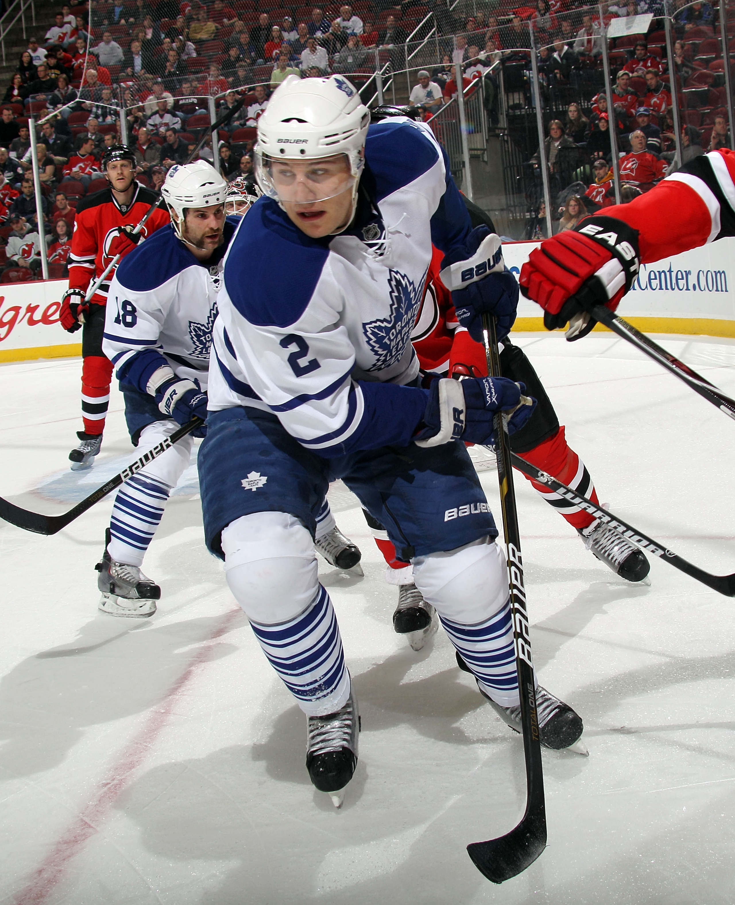 NEWARK, NJ - APRIL 06:  Luke Schenn #2 of the Toronto Maple Leafs skates against the New Jersey Devils at the Prudential Center on April 6, 2011 in Newark, New Jersey.  (Photo by Bruce Bennett/Getty Images)