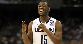 HOUSTON, TX - APRIL 04:  Kemba Walker #15 of the Connecticut Huskies reacts after a play against the Butler Bulldogs during the National Championship Game of the 2011 NCAA Division I Men's Basketball Tournament at Reliant Stadium on April 4, 2011 in Houst