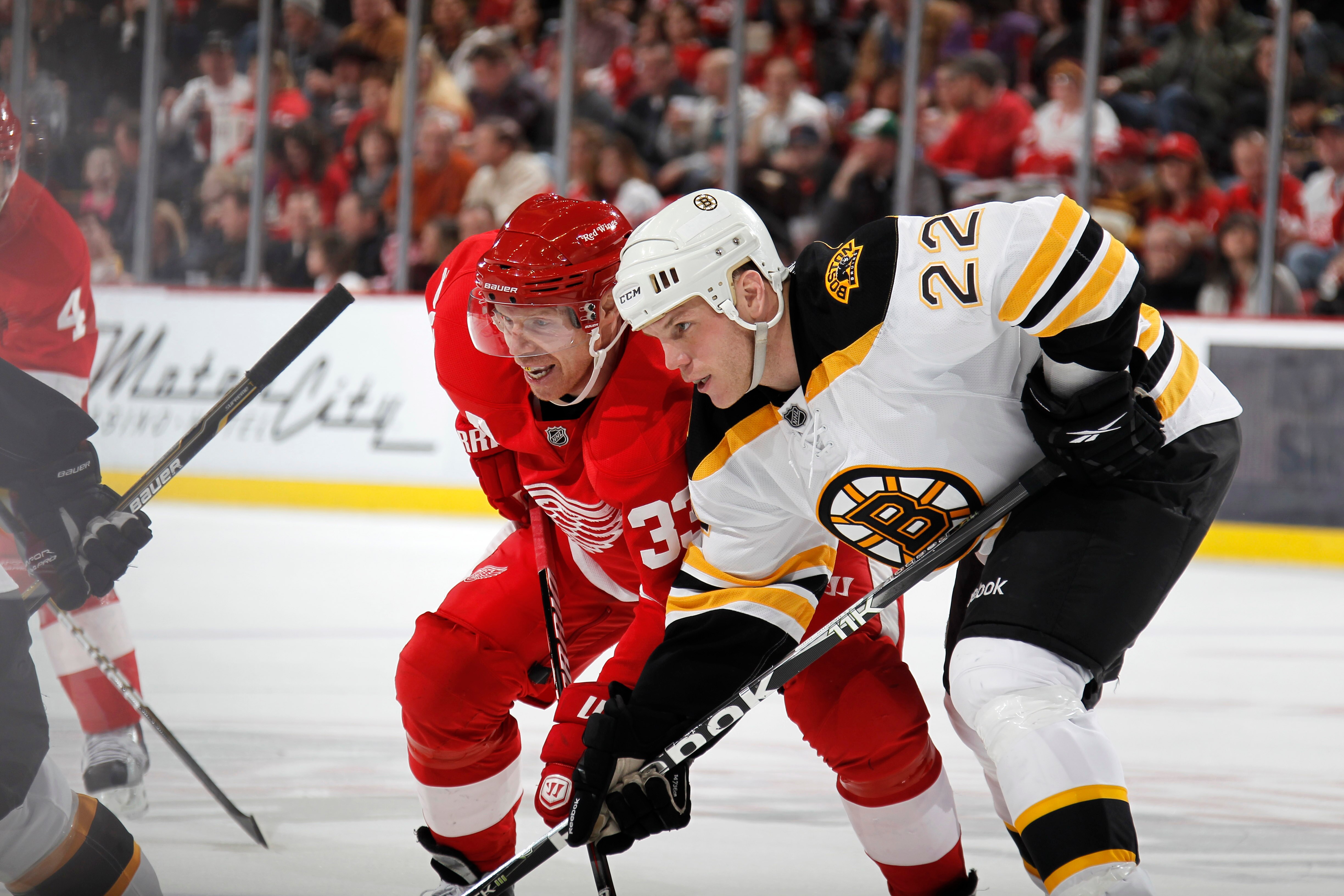 DETROIT, MI - FEBRUARY 13: Shawn Thornton #22 of the Boston Bruins battles for position against Kris Draper #33 of Detroit Red Wings on February 13, 2011 in Detroit, Michigan. (Photo by Gregory Shamus/Getty Images) DETROIT, MI - FEBRUARY 13: Shawn Thornton #22 of the Boston Bruins battles for position against Kris Draper #33 of Detroit Red Wings on February 13, 2011 in Detroit, Michigan. (Photo by Gregory Shamus/Getty Images)