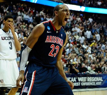 ANAHEIM, CA - MARCH 26:  Derrick Williams #23 of the Arizona Wildcats reacts after a dunk against of the Connecticut Huskies during the west regional final of the 2011 NCAA men's basketball tournament at the Honda Center on March 26, 2011 in Anaheim, Cali