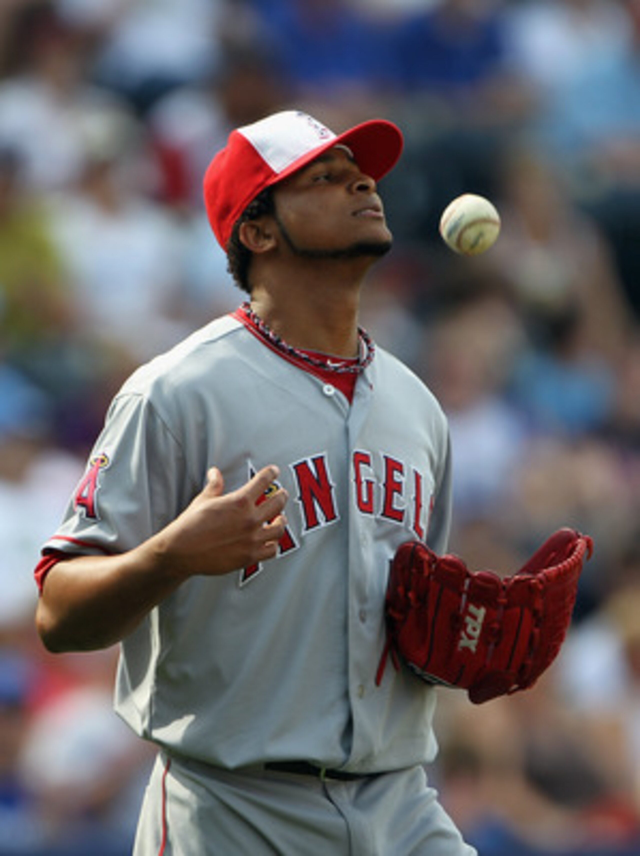 KANSAS CITY, MO - MAY 30:  Starting pitcher Ervin Santana #54 of the Los Angeles Angels of Anaheim reacts after letting in a run during the game against the Kansas City Royals on May 30, 2011 at Kauffman Stadium in Kansas City, Missouri.  (Photo by Jamie 