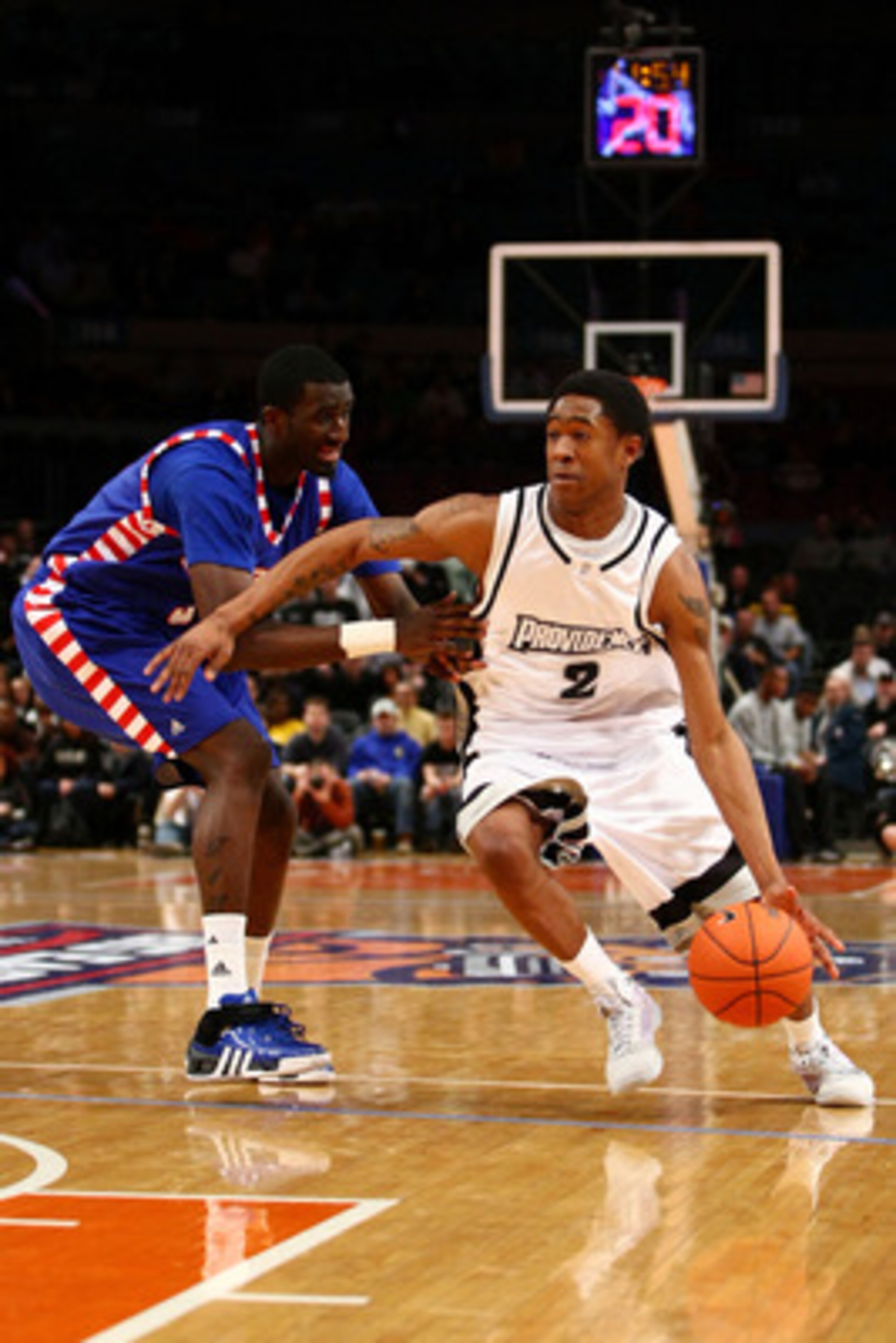 NEW YORK - MARCH 11:  Devin Hill #3 of the DePaul Blue Demons defends against Marshon Brooks #2 of the Providence Friars during the second round of the Big East Tournament at Madison Square Garden on March 11, 2009 in New York City.  (Photo by Chris McGra