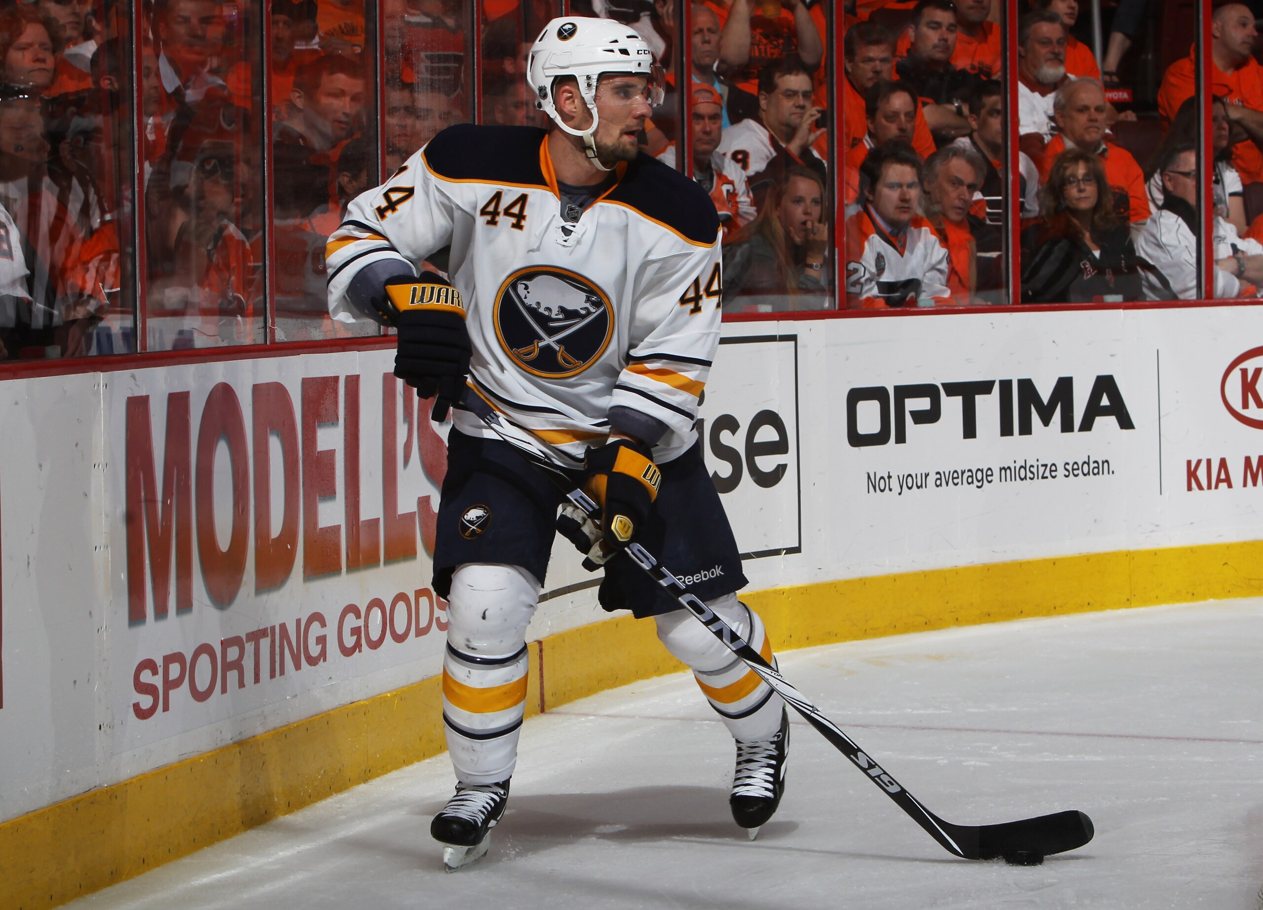 PHILADELPHIA, PA - APRIL 26:  Andrej Sekera #44 of the Buffalo Sabres controls the puck against the Philadelphia Flyers in Game Seven of the Eastern Conference Quarterfinals during the 2011 NHL Stanley Cup Playoffs at Wells Fargo Center on April 26, 2011