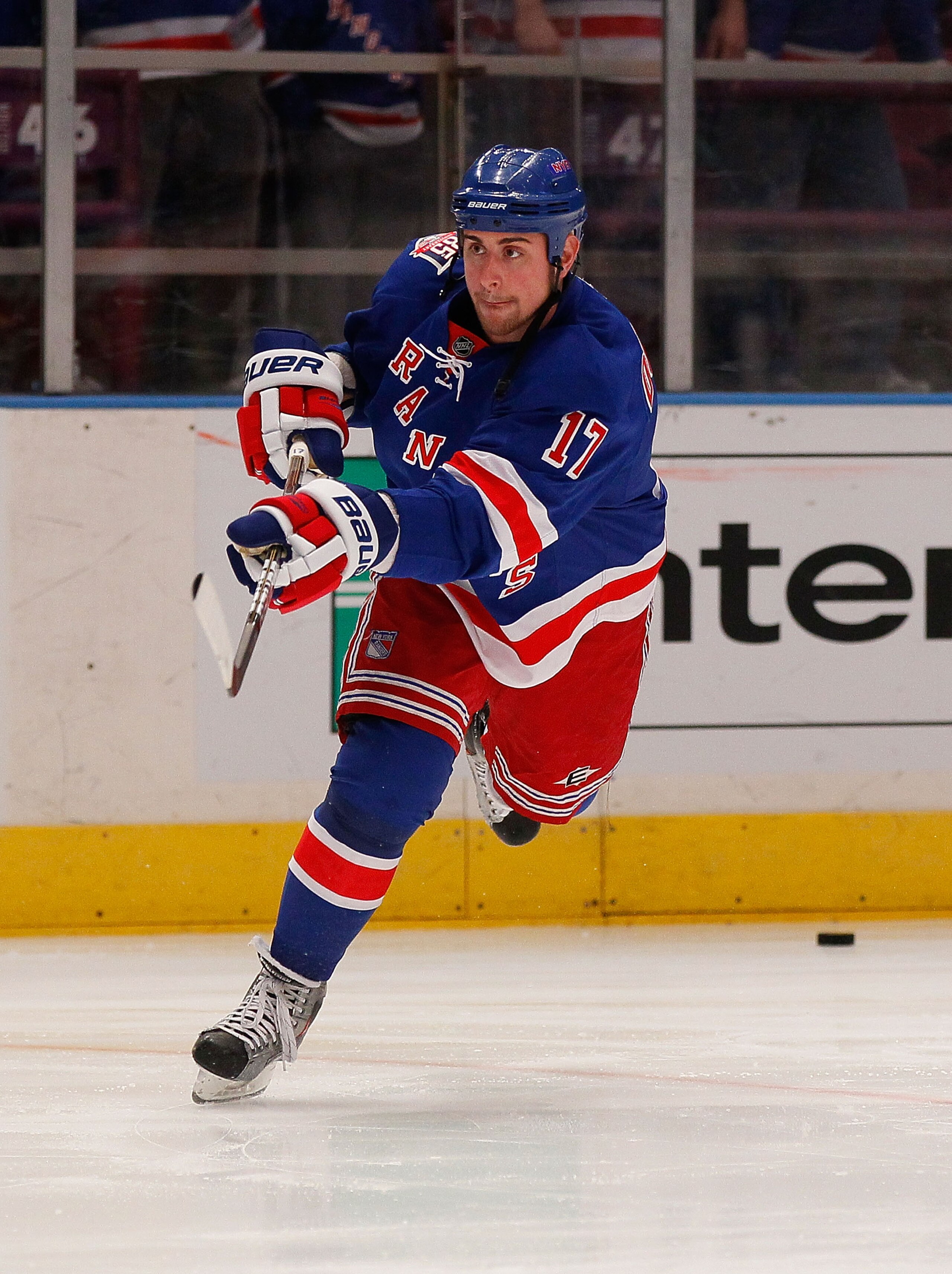 NEW YORK - MARCH 22:  Brandon Dubinsky #17 of the New York Rangers skates against the Florida Panthers on March 22, 2011 at Madison Square Garden in New York City, New York. Rangers defeated the Islanders 1-0.  (Photo by Mike Stobe/Getty Images)