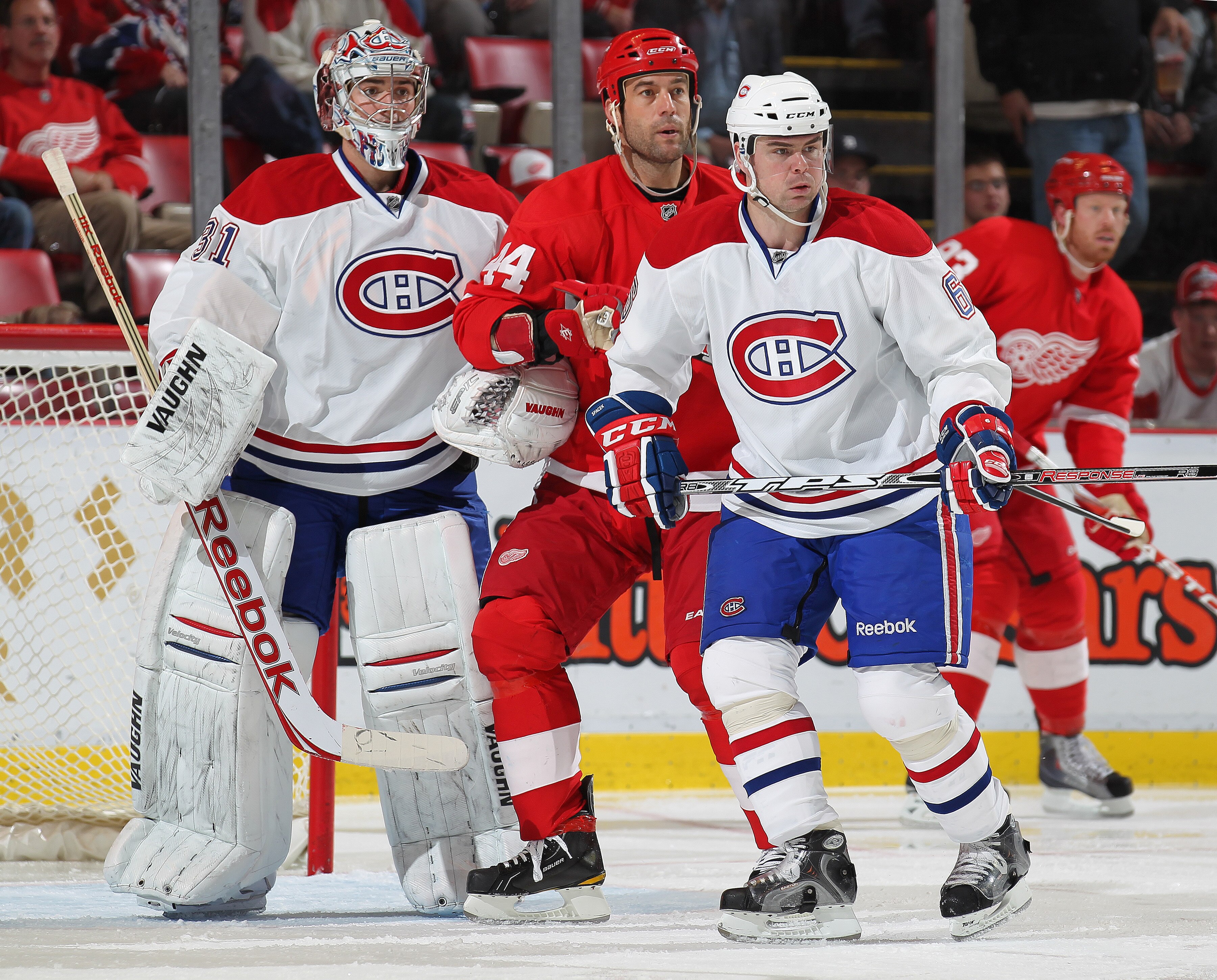 DETROIT,MI - DECEMBER 10: Goaltender Carey Price #31 and Jaroslav Spacek #6 of the Montreal Canadiens sandwich Todd Bertuzzi #44 of the Detroit Red Wings during the game at the Joe Louis Arena on December 10, 2010 in Detroit, Michigan. The Wings defeate DETROIT,MI - DECEMBER 10: Goaltender Carey Price #31 and Jaroslav Spacek #6 of the Montreal Canadiens sandwich Todd Bertuzzi #44 of the Detroit Red Wings during the game at the Joe Louis Arena on December 10, 2010 in Detroit, Michigan. The Wings defeate