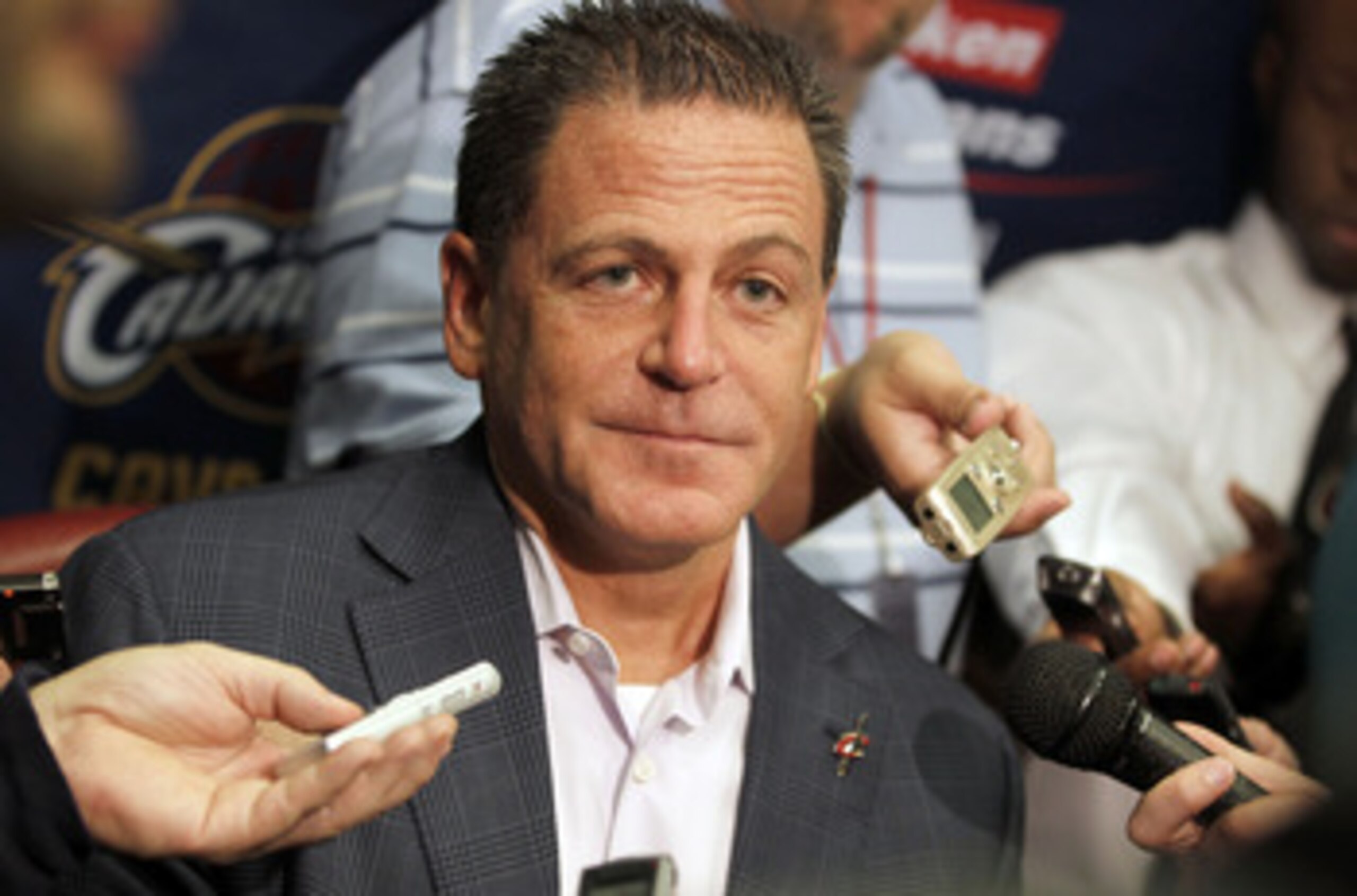 CLEVELAND - OCTOBER 27:  Majority owner Dan Gilbert of the Cleveland Cavaliers talks to the media prior to playing the Boston Celtics in the Cavaliers 2010 home opner at Quicken Loans Arena on October 27, 2010 in Cleveland, Ohio.  NOTE TO USER: User expre