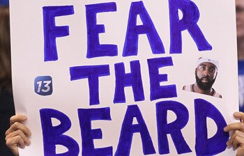 OKLAHOMA CITY, OK - MAY 21:  An Oklahoma City Thunder fan holds up a sign referring to the beard of James Harden #13 of the Thunder before the Thunder take on the Dallas Mavericks in Game Three of the Western Conference Finals during the 2011 NBA Playoffs