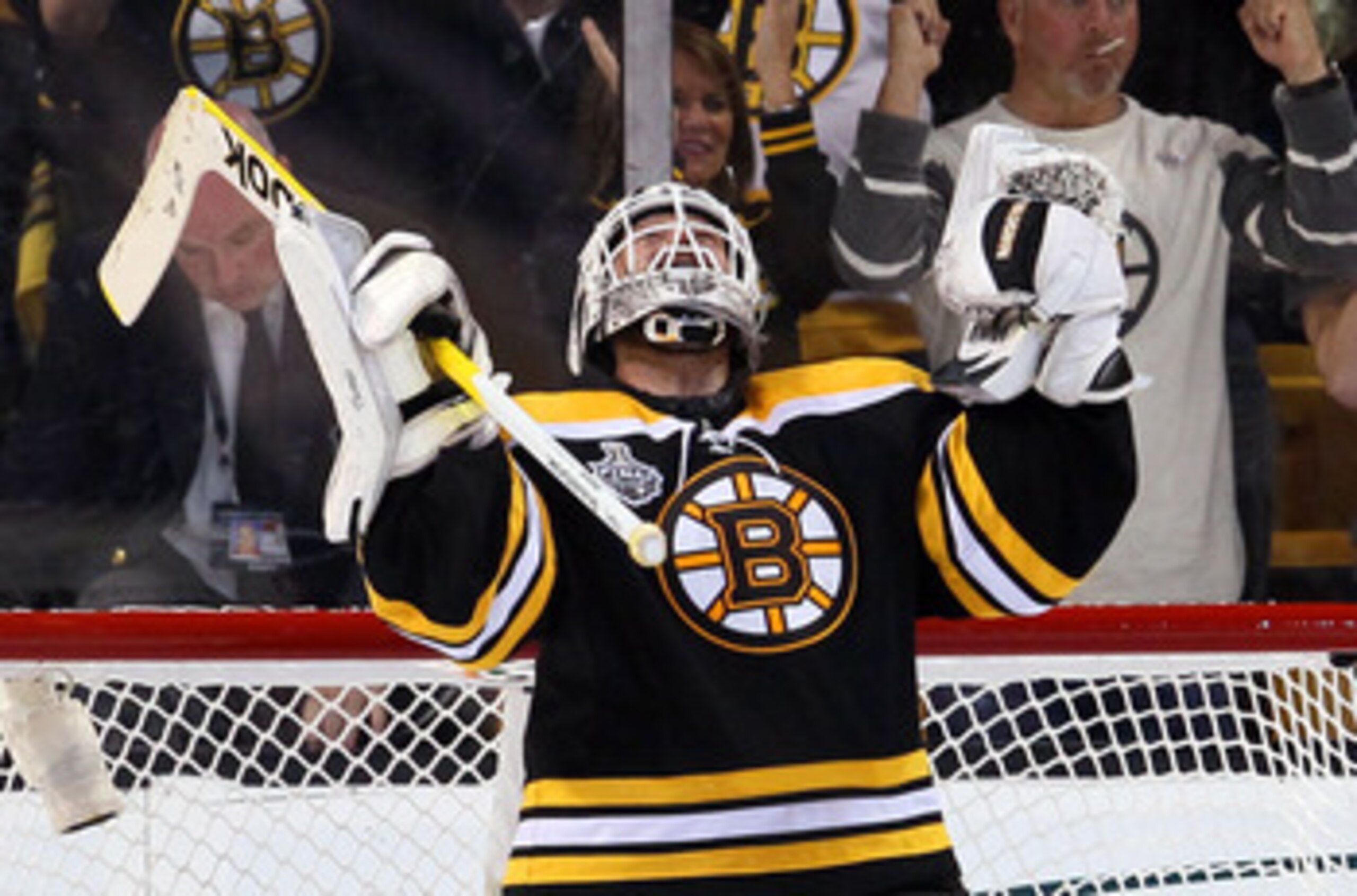 BOSTON, MA - JUNE 06:  Tim Thomas #30 of the Boston Bruins celebrates after defeating the Vancouver Canucks in Game Three of the 2011 NHL Stanley Cup Final at TD Garden on June 6, 2011 in Boston, Massachusetts. The Boston Bruins defeated the Vancouver Can