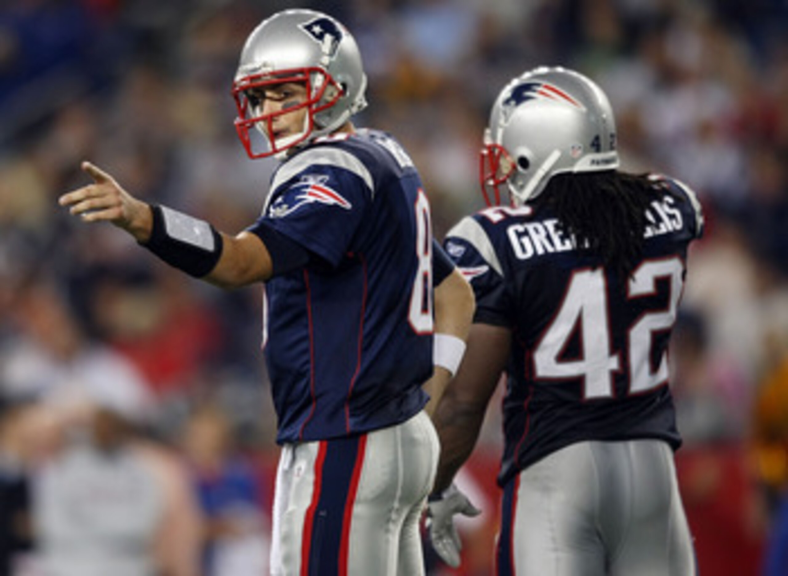 FOXBORO, MA - SEPTEMBER 03:  Brian Hoyer #8 of the New England Patriots checks with the coaches on the sideline as BenJarvus Green-Ellis #42 looks on in the fourth quarter against the New York Giants on September 3, 2009 at Gillette Stadium in Foxboro, Ma