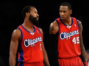 LOS ANGELES, CA - OCTOBER 27:  (L-R) Baron Davis #1 and Rasual Butler #45 of the Los Angeles Clippers talk on the court during the season opening game against the Los Angeles Lakers at Staples Center on October 27, 2009 in Los Angeles, California.  The La