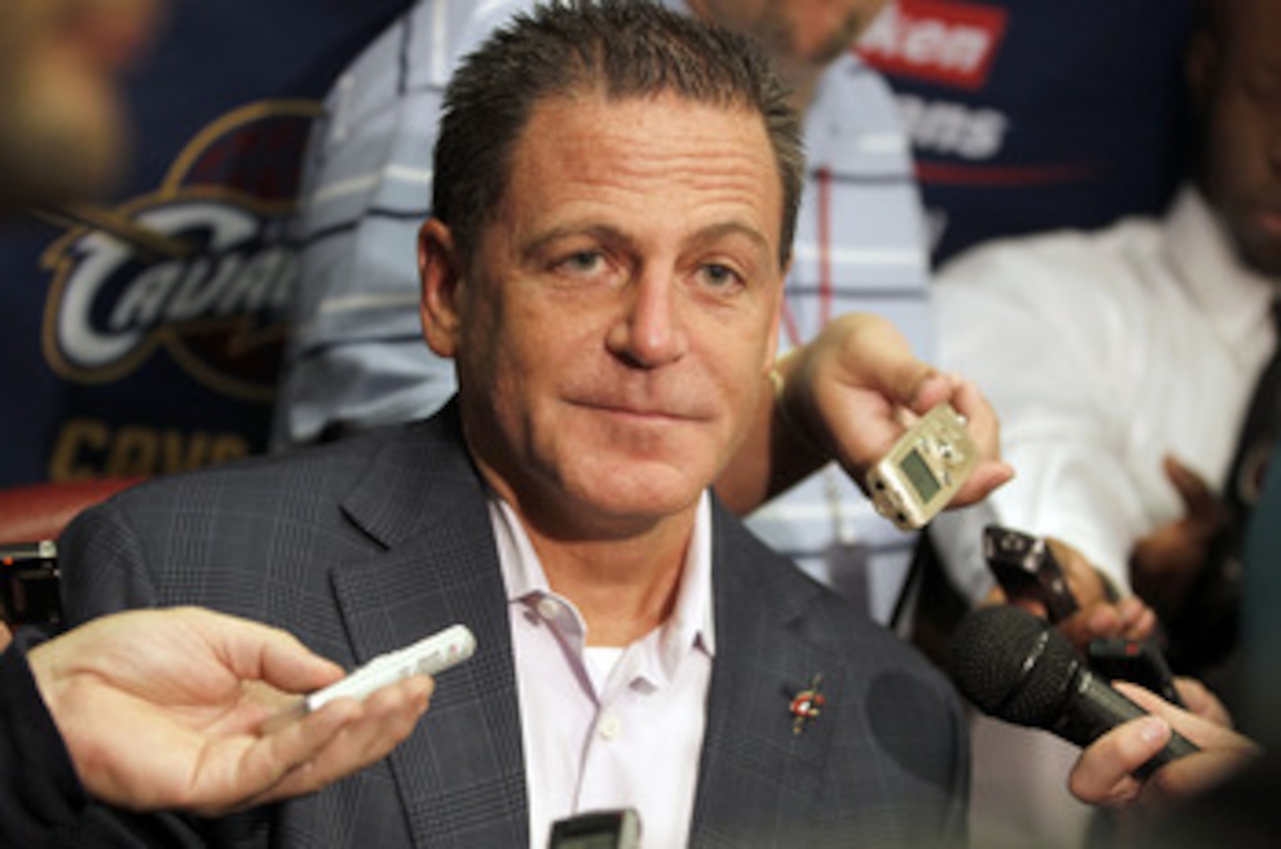 CLEVELAND - OCTOBER 27:  Majority owner Dan Gilbert of the Cleveland Cavaliers talks to the media prior to playing the Boston Celtics in the Cavaliers 2010 home opner at Quicken Loans Arena on October 27, 2010 in Cleveland, Ohio.  NOTE TO USER: User expre