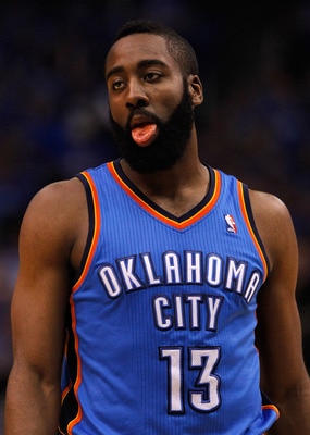DALLAS, TX - MAY 25:  James Harden #13 of the Oklahoma City Thunder sticks out his tongue in the fourth quarter while taking on the Dallas Mavericks in Game Five of the Western Conference Finals during the 2011 NBA Playoffs at American Airlines Center on