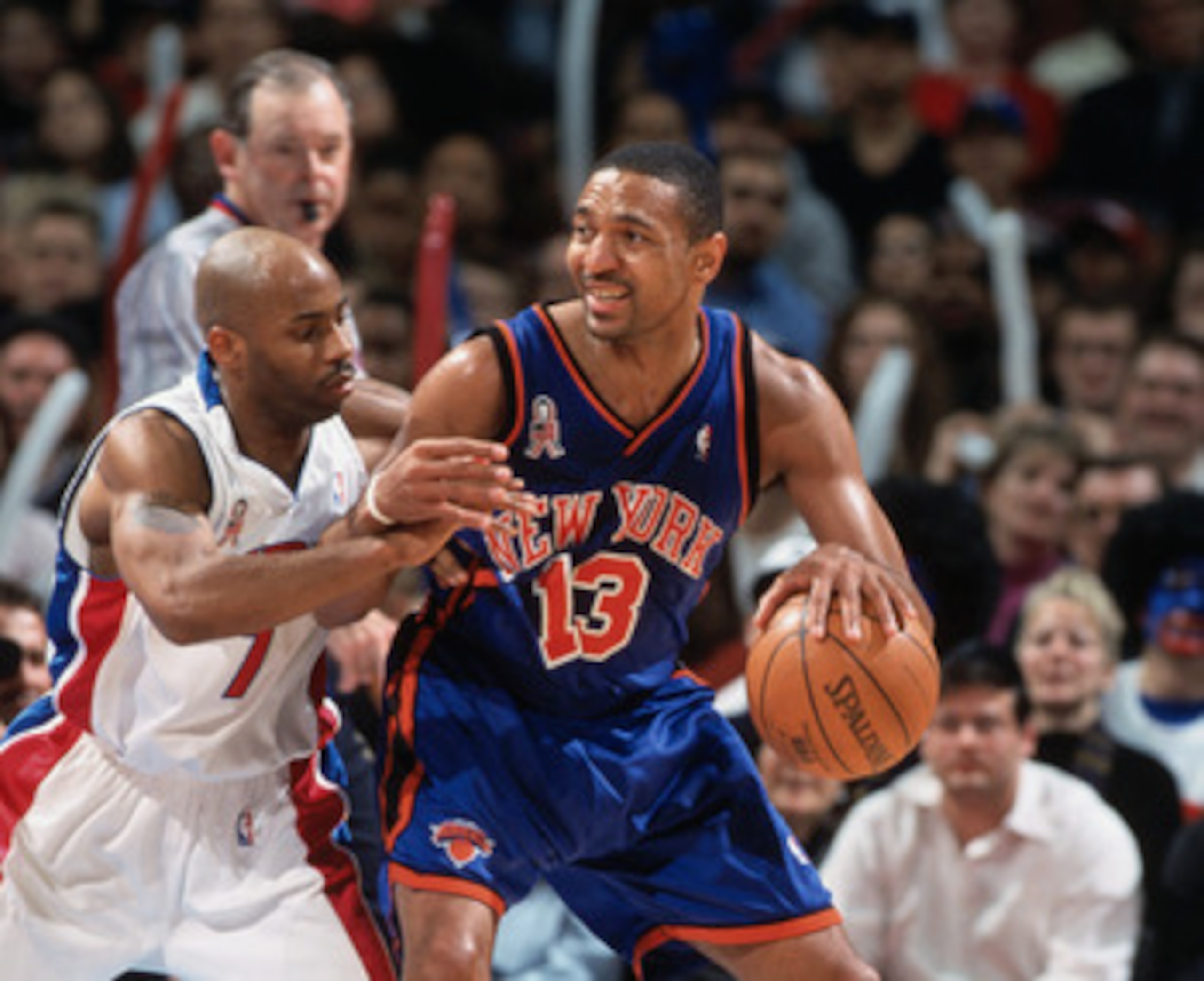 13 Dec 2001:  Point guard Mark Jackson #13 of the New York Knicks posts up point guard Chucky Atkins #7 of the Detroit Pistons during the NBA game at the Palace of Auburn Hills in Detroit, Michigan. The Pistons defeated the Knicks 99-97. NOTE TO USER:  Us
