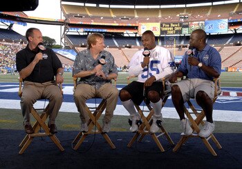 NFL commissioner Roger Goodell on the NFL Network set during the Ohana Day AFC practice for the 2007 Pro Bowl at Aloha Stadium, Honolulu, Hawaii on February 9, 2007. Left to right: Rich Eisen; Goodell; Derrick Brooks and Marshall Faulk. (Photo by Al M NFL commissioner Roger Goodell on the NFL Network set during the Ohana Day AFC practice for the 2007 Pro Bowl at Aloha Stadium, Honolulu, Hawaii on February 9, 2007. Left to right: Rich Eisen; Goodell; Derrick Brooks and Marshall Faulk. (Photo by Al M