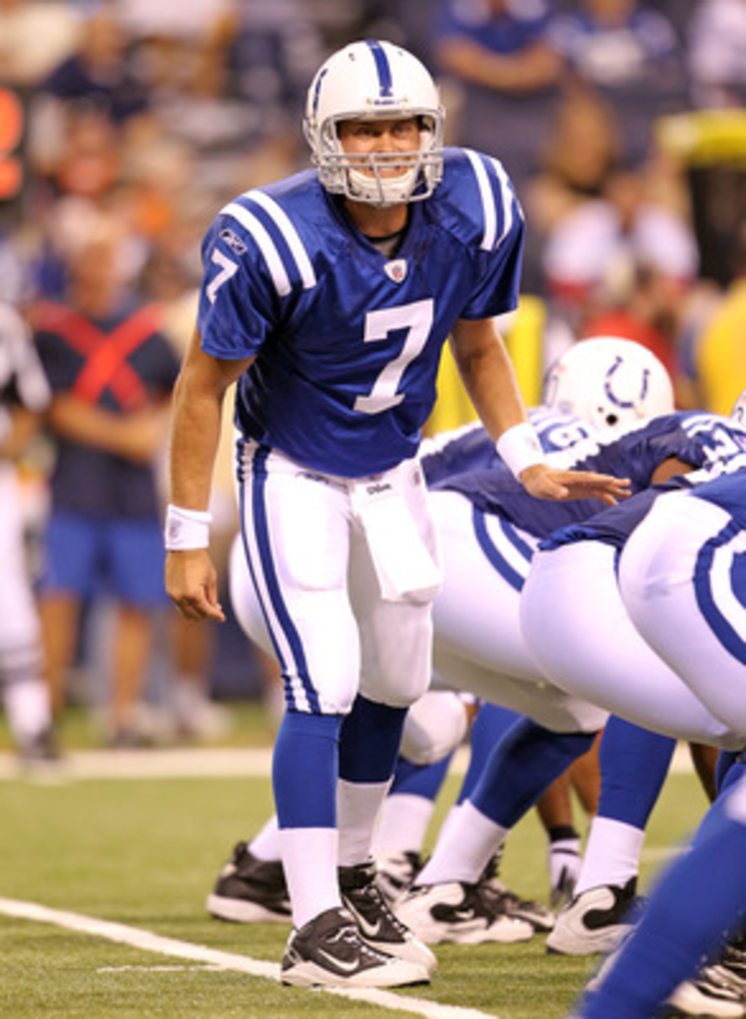 INDIANAPOLIS - SEPTEMBER 02:  Curtis Painter #7 of the Indianapolis Colts gives instructions to his team against the Cincinnati Bengals during the NFL preseason game at Lucas Oil Stadium on September 2, 2010 in Indianapolis, Indiana.  (Photo by Andy Lyons