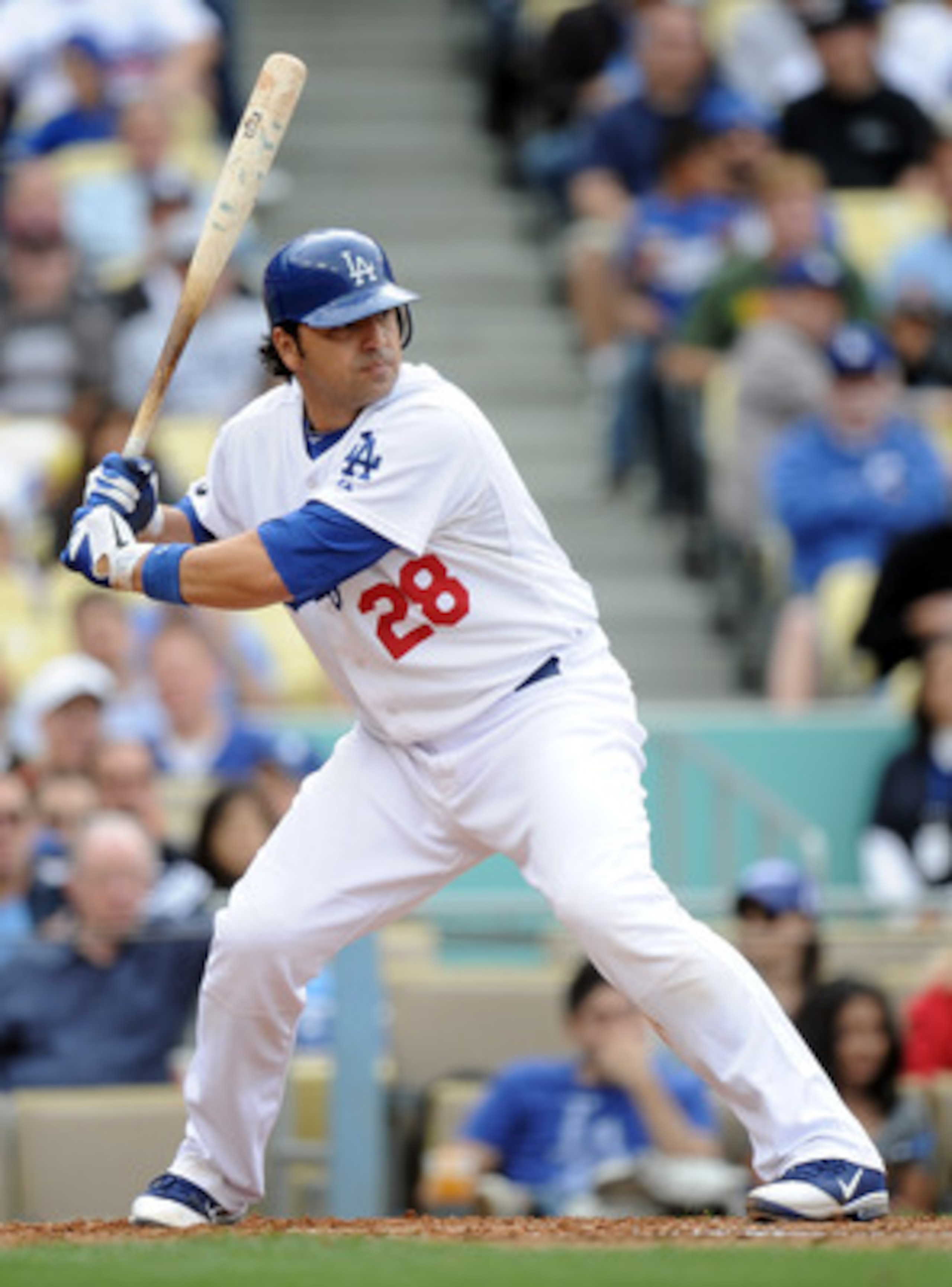 LOS ANGELES, CA - MAY 14:  Rod Barajas #28 of the Los Angeles Dodgers at bat against the Arizona Diamondbacks at Dodger Stadium on May 14, 2011 in Los Angeles, California.  (Photo by Harry How/Getty Images)