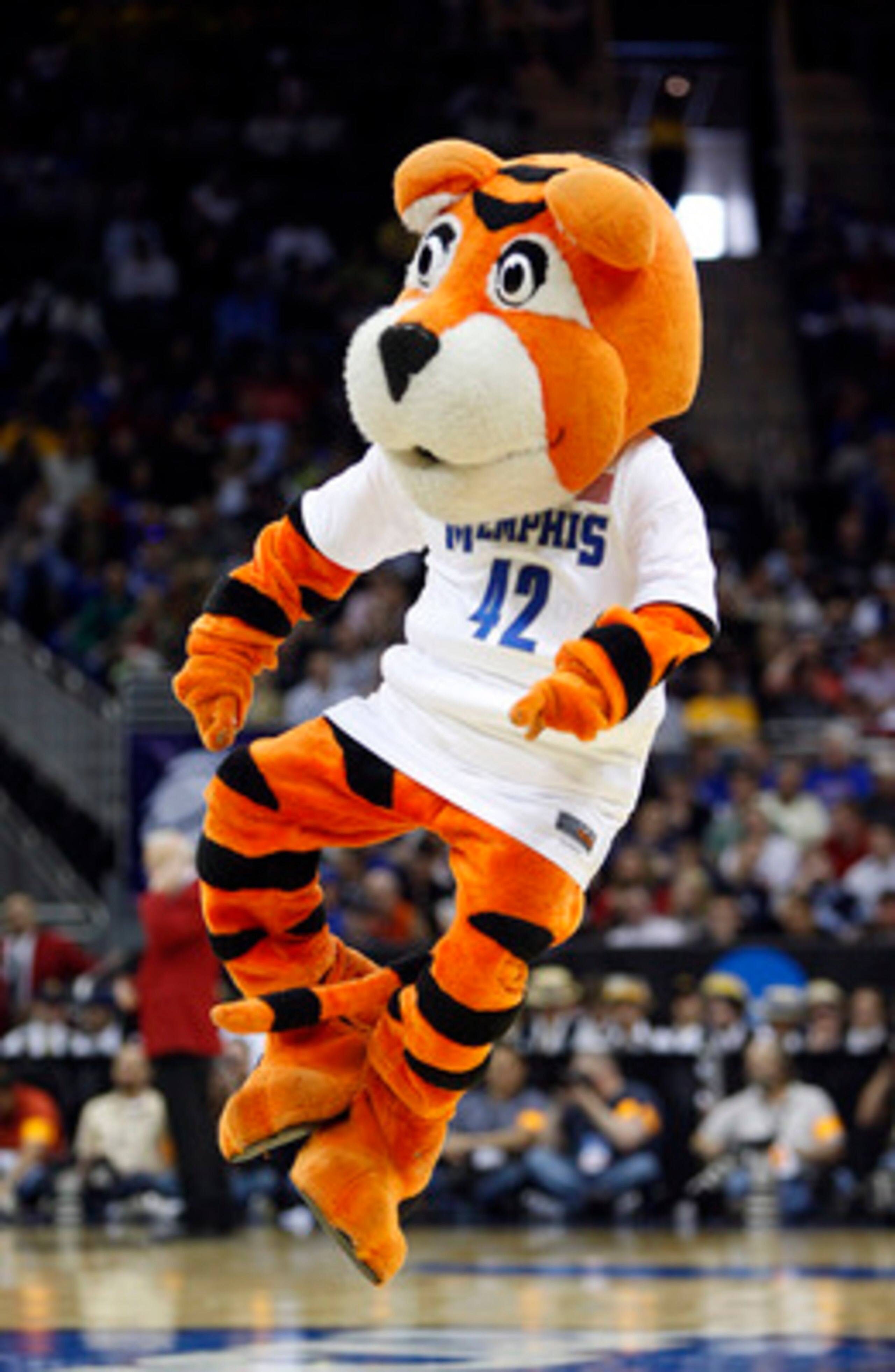 KANSAS CITY, MO - MARCH 19:  Pouncer, the Memphis Tigers mascot, entertains fans during a break in action between the CSUN Matadors and the Memphis Tigers during the first round of the NCAA Division I Men's Basketball Tournament at the Sprint Center on Ma