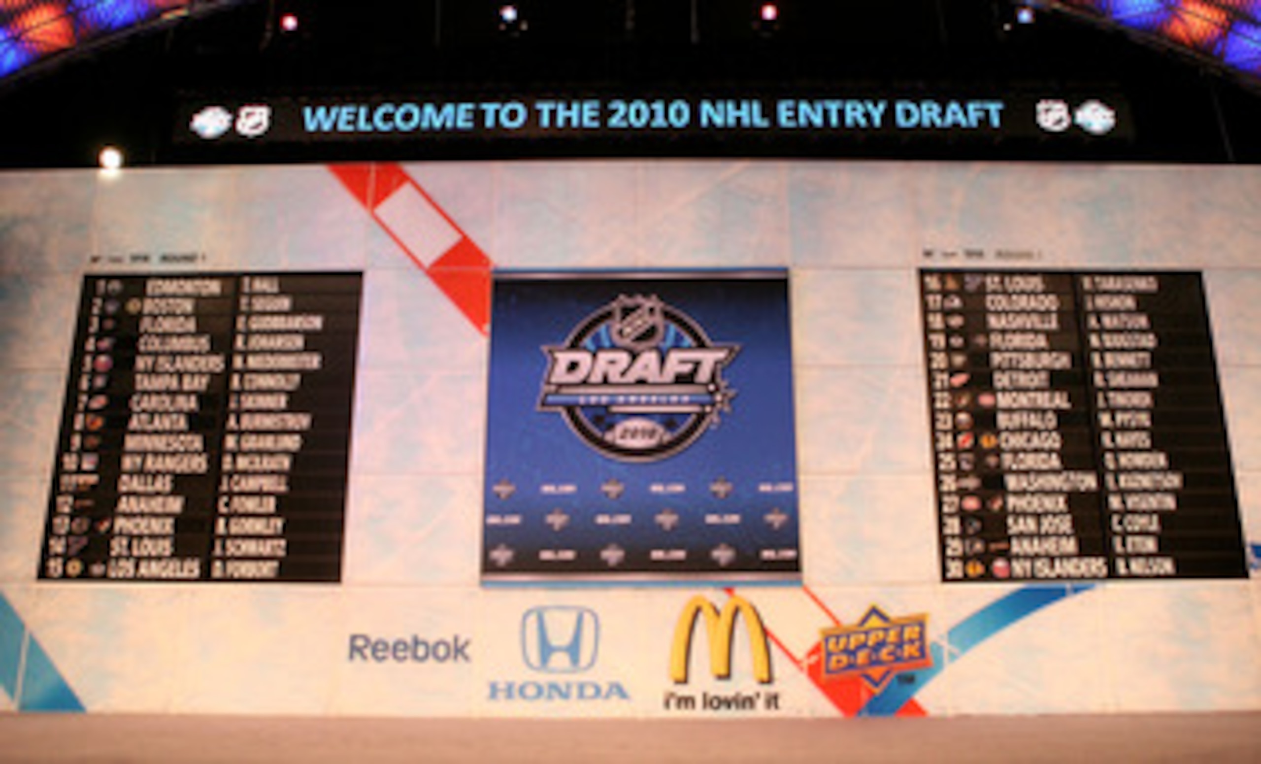 LOS ANGELES, CA - JUNE 25: A view of the draft boards during the 2010 NHL Entry Draft at Staples Center on June 25, 2010 in Los Angeles, California. (Photo by Bruce Bennett/Getty Images) LOS ANGELES, CA - JUNE 25: A view of the draft boards during the 2010 NHL Entry Draft at Staples Center on June 25, 2010 in Los Angeles, California. (Photo by Bruce Bennett/Getty Images)