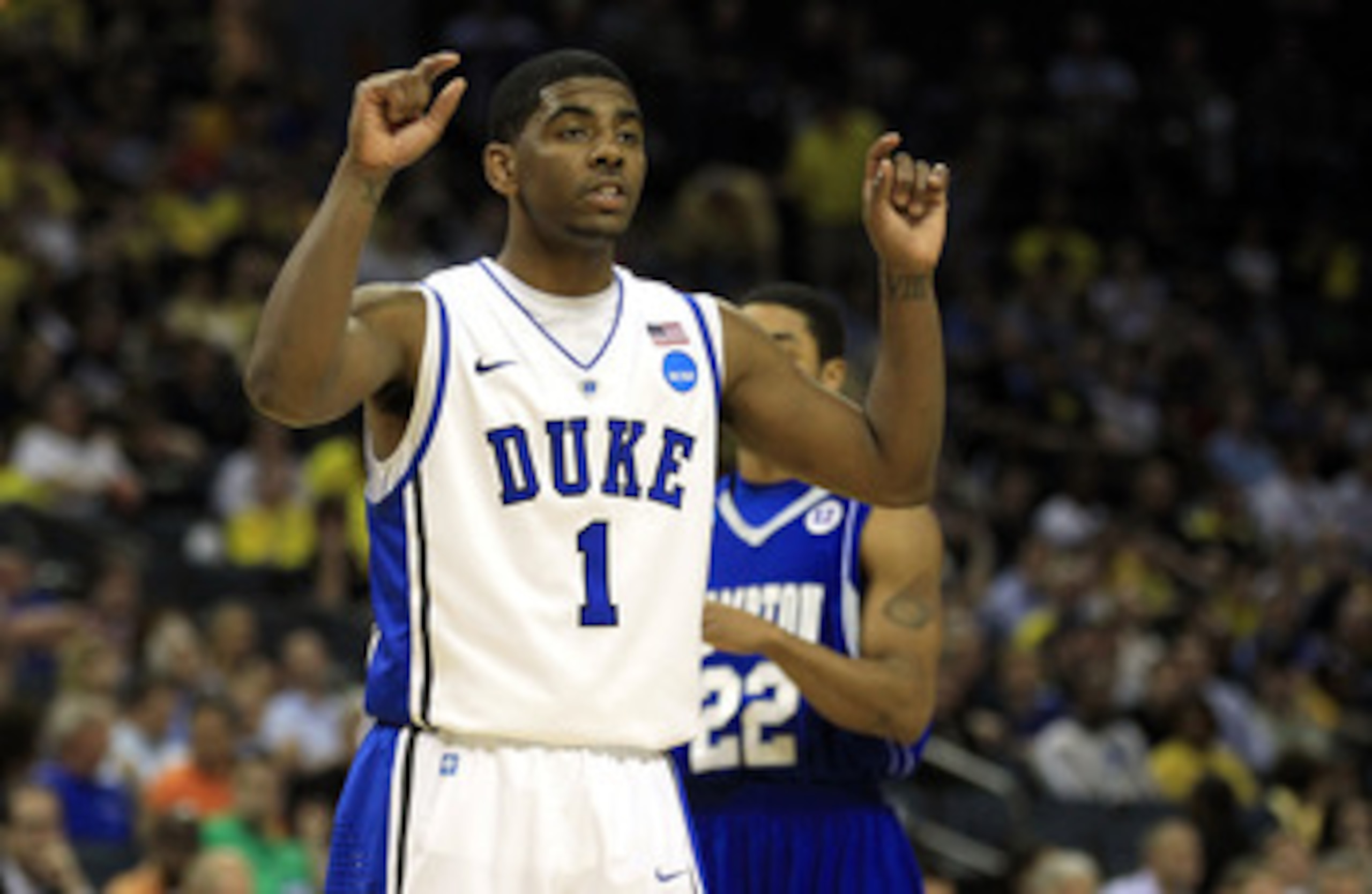 CHARLOTTE, NC - MARCH 18:  Kyrie Irving #1 of the Duke Blue Devils looks on while taking on the Hampton Pirates during the second round of the 2011 NCAA men's basketball tournament at Time Warner Cable Arena on March 18, 2011 in Charlotte, North Carolina.