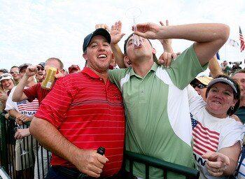 LOUISVILLE, KY - SEPTEMBER 21:  Boo Weekley of the USA team celebrates with a fan after his 4 & 2 victory during the singles matches on the final day of the 2008 Ryder Cup at Valhalla Golf Club on September 21, 2008 in Louisville, Kentucky.  (Photo by And