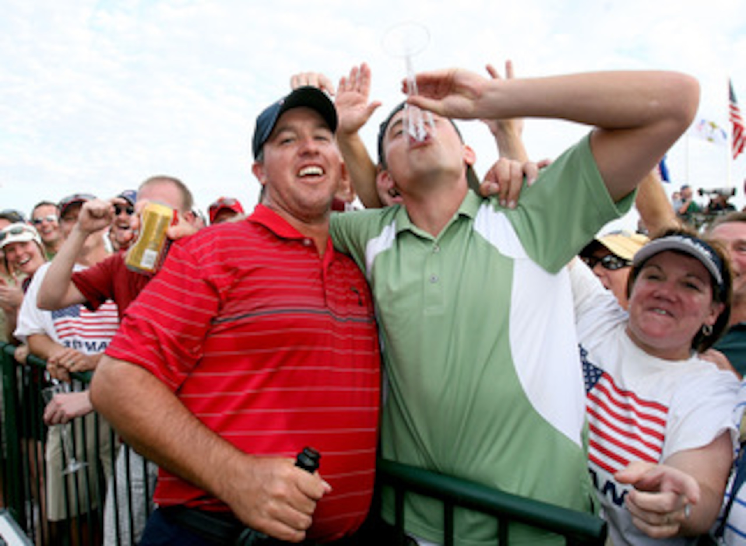 LOUISVILLE, KY - SEPTEMBER 21:  Boo Weekley of the USA team celebrates with a fan after his 4 & 2 victory during the singles matches on the final day of the 2008 Ryder Cup at Valhalla Golf Club on September 21, 2008 in Louisville, Kentucky.  (Photo by And
