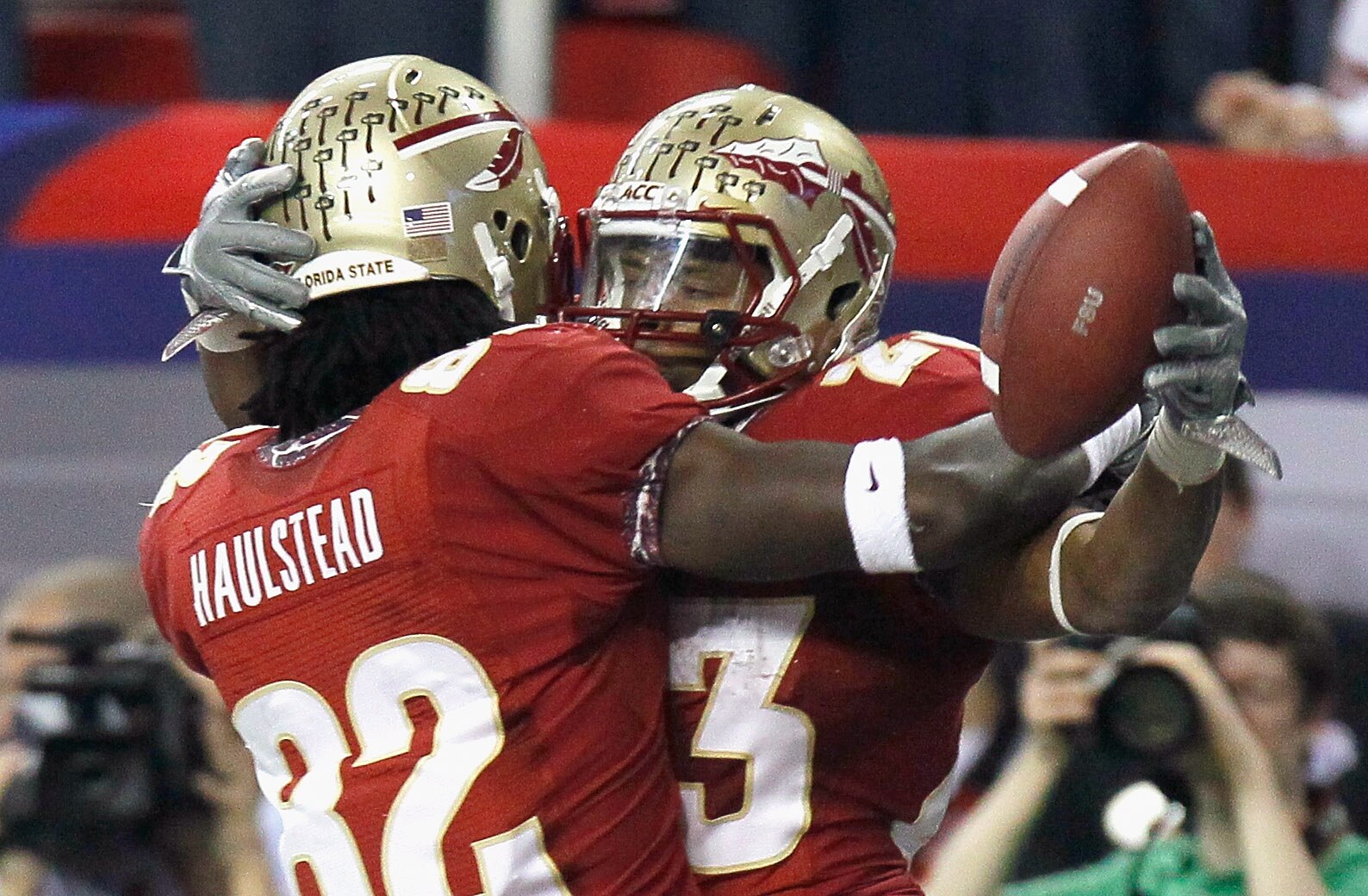 ATLANTA, GA - DECEMBER 31: Chris Thompson #23 of the Florida State Seminoles celebrates scoring a touchdown against the South Carolina Gamecocks with Willie Haulstead #82 during the 2010 Chick-fil-A Bowl at Georgia Dome on December 31, 2010 in Atlanta, G ATLANTA, GA - DECEMBER 31: Chris Thompson #23 of the Florida State Seminoles celebrates scoring a touchdown against the South Carolina Gamecocks with Willie Haulstead #82 during the 2010 Chick-fil-A Bowl at Georgia Dome on December 31, 2010 in Atlanta, G