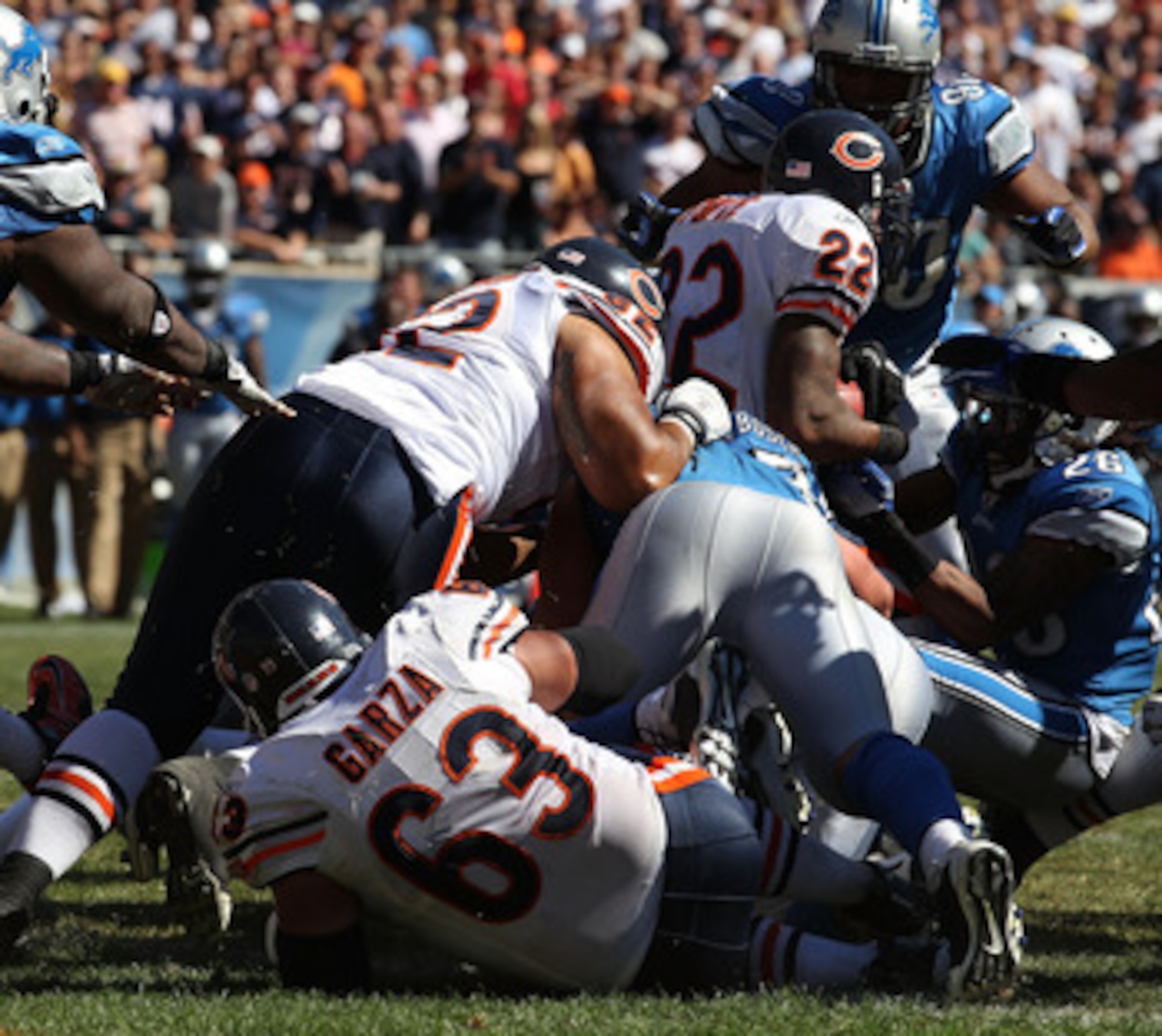 CHICAGO - SEPTEMBER 12: Matt Forte #22 of the Chicago Bears is stopped short of the goal line on a 4th down play against the Detroit Lions during the NFL season opening game at Soldier Field on September 12, 2010 in Chicago, Illinois. The Bears defeated t