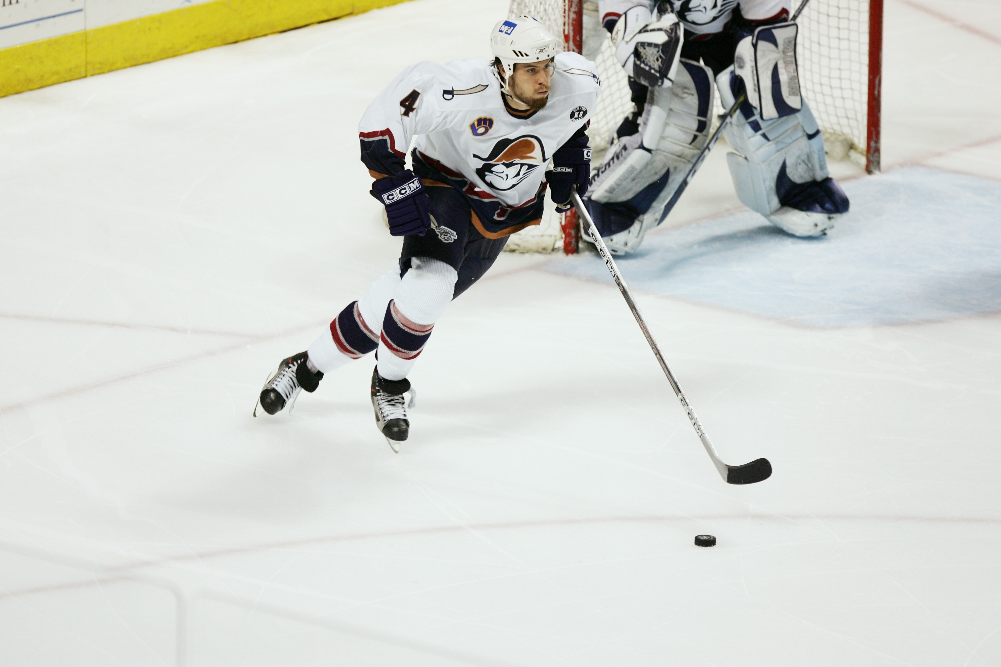 MILWAUKEE - JUNE 15:  Shea Weber #4 of the Milwaukee Admirals skates with the puck against the Hershey Bears in game six of the Calder Cup Finals on June 15, 2006 at the Bradley Center in Milwaukee, Wisconsin. Hershey defeated Milwaukee 5-1 to win the ser