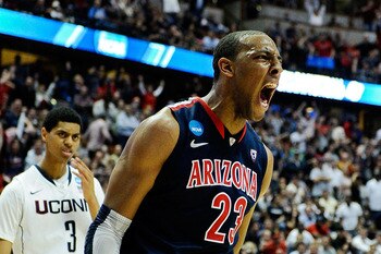 ANAHEIM, CA - MARCH 26:  Derrick Williams #23 of the Arizona Wildcats reacts after a dunk against of the Connecticut Huskies during the west regional final of the 2011 NCAA men's basketball tournament at the Honda Center on March 26, 2011 in Anaheim, Cali