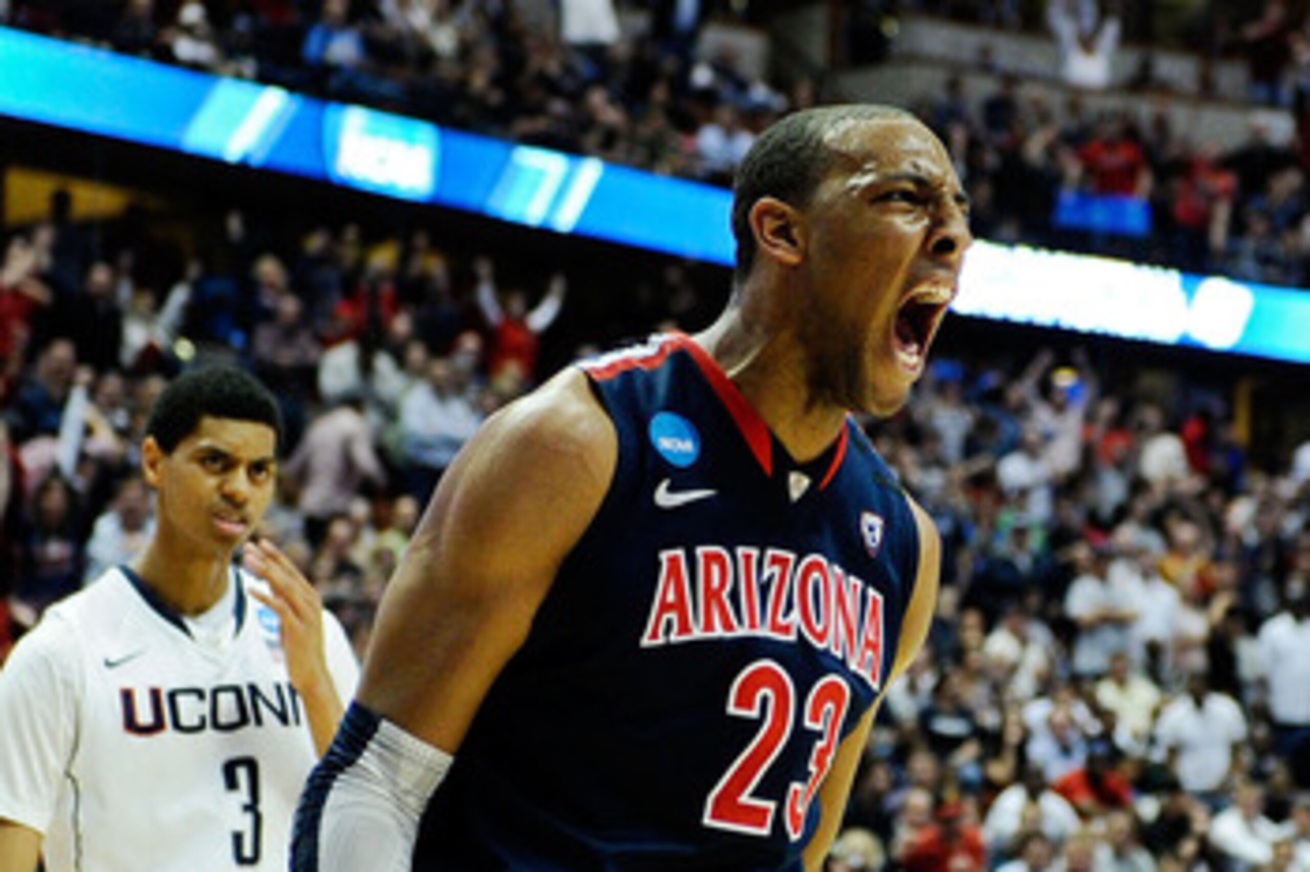 ANAHEIM, CA - MARCH 26:  Derrick Williams #23 of the Arizona Wildcats reacts after a dunk against of the Connecticut Huskies during the west regional final of the 2011 NCAA men's basketball tournament at the Honda Center on March 26, 2011 in Anaheim, Cali