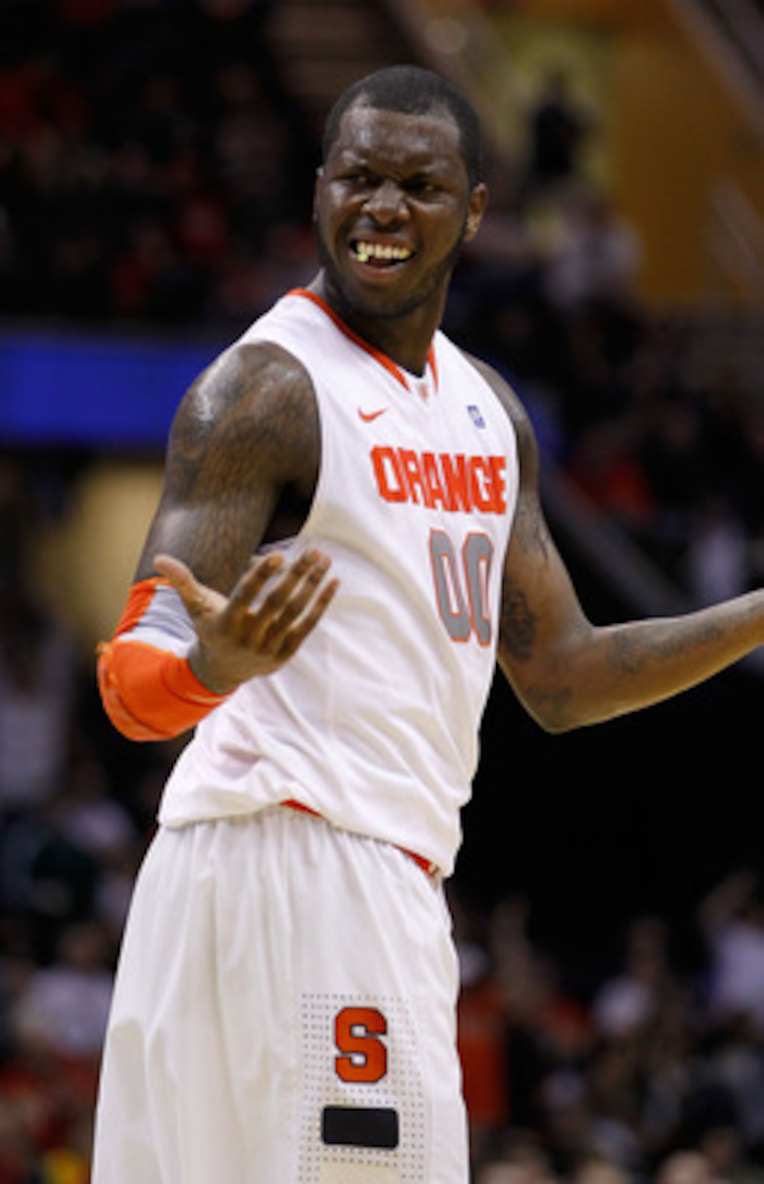 CLEVELAND, OH - MARCH 18: Rick Jackson #00 of the Syracuse Orange reacts after a play against the Indiana State Sycamores during the second round of the 2011 NCAA men's basketball tournament at Quicken Loans Arena on March 18, 2011 in Cleveland, Ohio.  (P