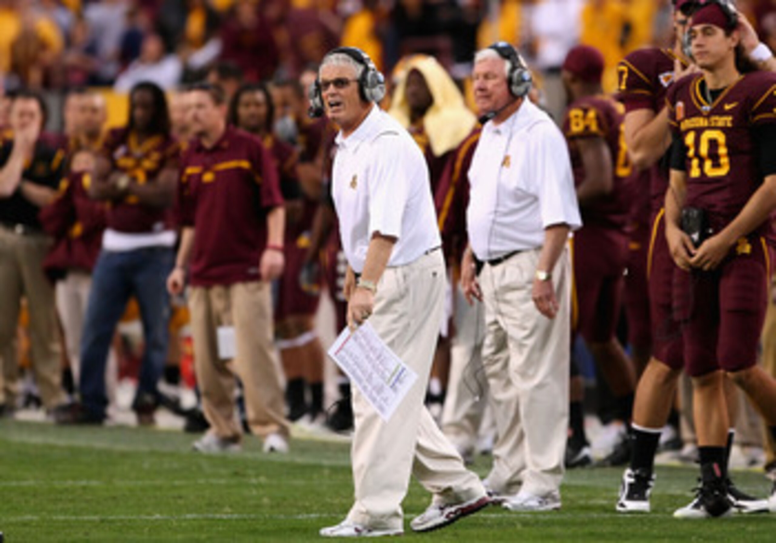 TEMPE, AZ - NOVEMBER 28: Head coach Dennis Erickson of the Arizona State Sun Devils reacts to a call during the college football game against the Arizona Wildcats at Sun Devil Stadium on November 28, 2009 in Tempe, Arizona. The Wildcats defeated the Sun TEMPE, AZ - NOVEMBER 28: Head coach Dennis Erickson of the Arizona State Sun Devils reacts to a call during the college football game against the Arizona Wildcats at Sun Devil Stadium on November 28, 2009 in Tempe, Arizona. The Wildcats defeated the Sun
