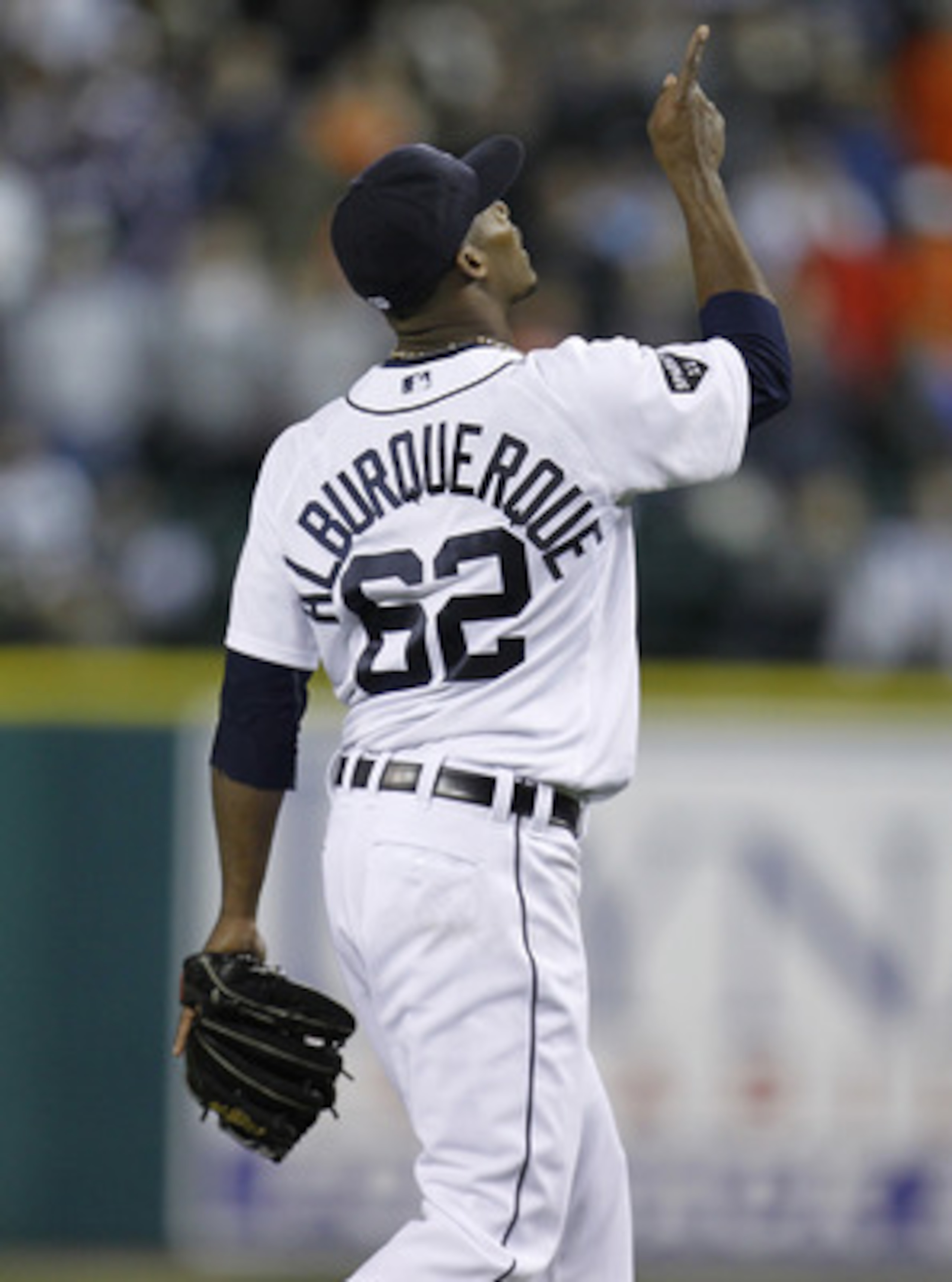 DETROIT, MI - MAY 04: Al Alburquerque #62 of the Detroit Tigers reacts after beating the New York Yankees 4-0 at Comerica Park on May 4, 2011 in Detroit, Michigan. (Photo by Gregory Shamus/Getty Images)