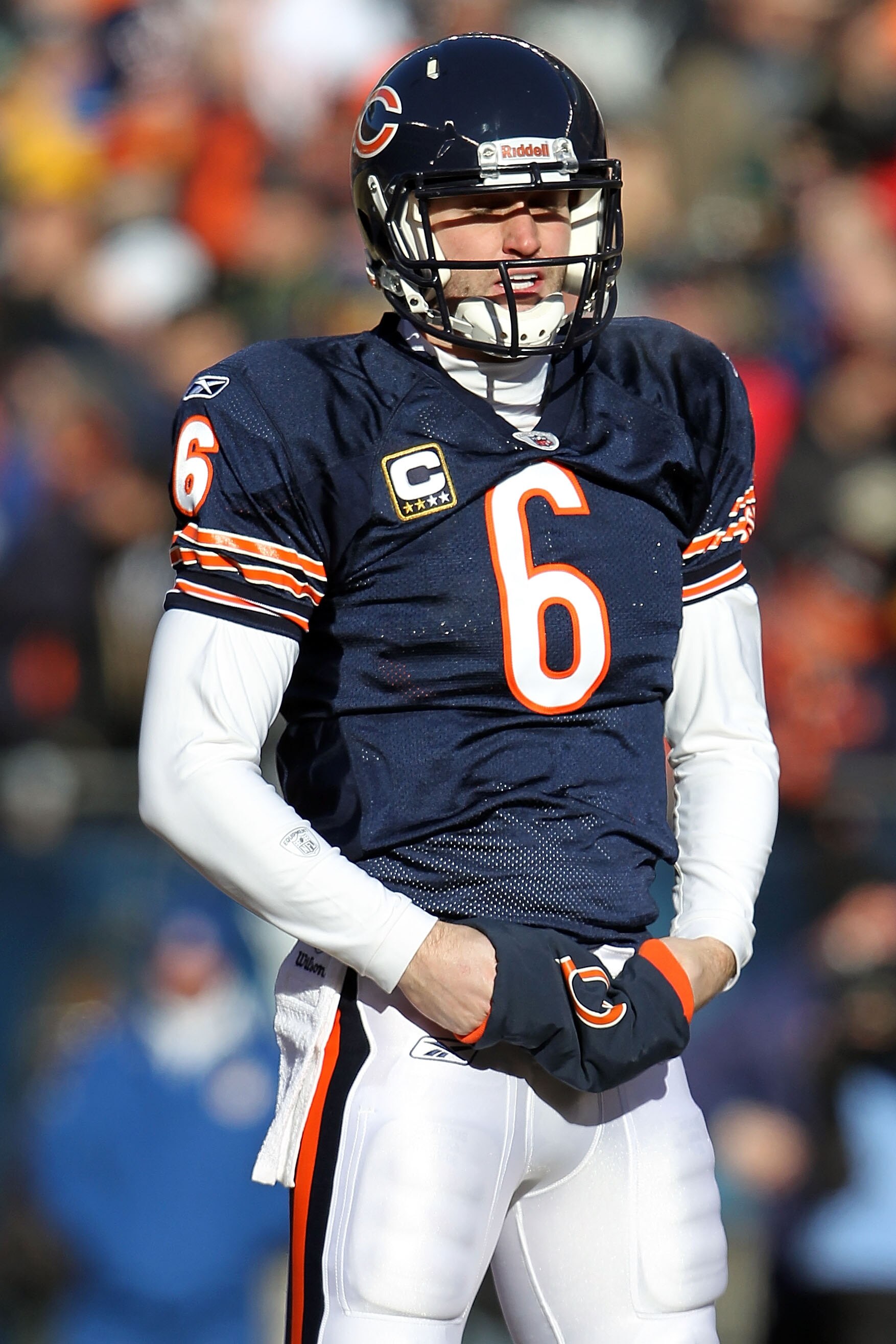 CHICAGO, IL - JANUARY 23:  Quarterback Jay Cutler #6 of the Chicago Bears looks on while taking on the Green Bay Packers in the NFC Championship Game at Soldier Field on January 23, 2011 in Chicago, Illinois.  (Photo by Jamie Squire/Getty Images)