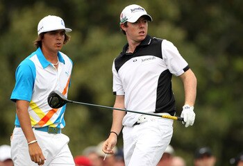 AUGUSTA, GA - APRIL 08:  Rickie Fowler and Rory McIlroy of Northern Ireland look on from the tenth tee during the second round of the 2011 Masters Tournament at Augusta National Golf Club on April 8, 2011 in Augusta, Georgia.  (Photo by Andrew Redington/G