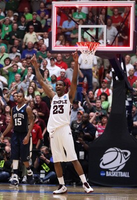 TUCSON, AZ - MARCH 17:  Ramone Moore #23 of the Temple Owls celebrates after they defeated the Penn State Nittany Lions 66 to 64 in the second round of the 2011 NCAA men's basketball tournament at McKale Center on March 17, 2011 in Tucson, Arizona.  (Phot