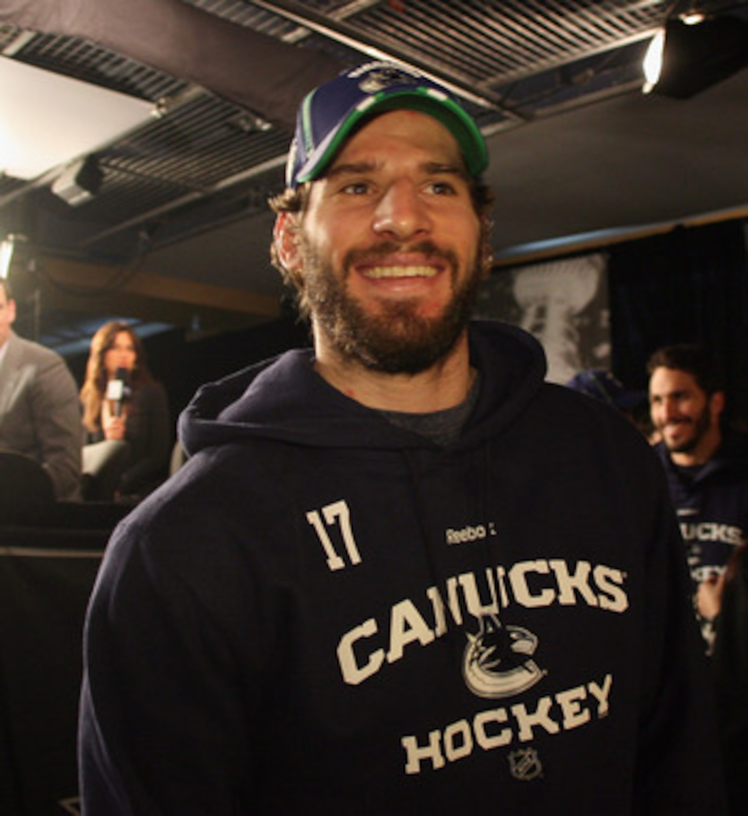 VANCOUVER, BC - MAY 31:  Ryan Kesler #17 of the Vancouver Canucks meets with the media following a practice session the day before the opening game of the 2011 NHL Stanley Cup Finals at the Rogers Arena on May 31, 2011 in Vancouver, Canada.  (Photo by Bru