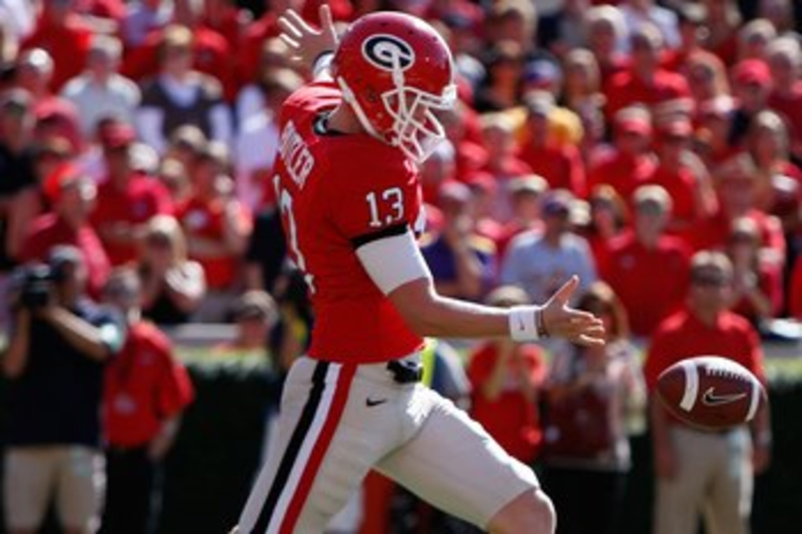 ATHENS, GA - OCTOBER 03:  Drew Butler #13 of the Georgia Bulldogs against the Louisiana State University Tigers at Sanford Stadium on October 3, 2009 in Athens, Georgia.  (Photo by Kevin C. Cox/Getty Images)