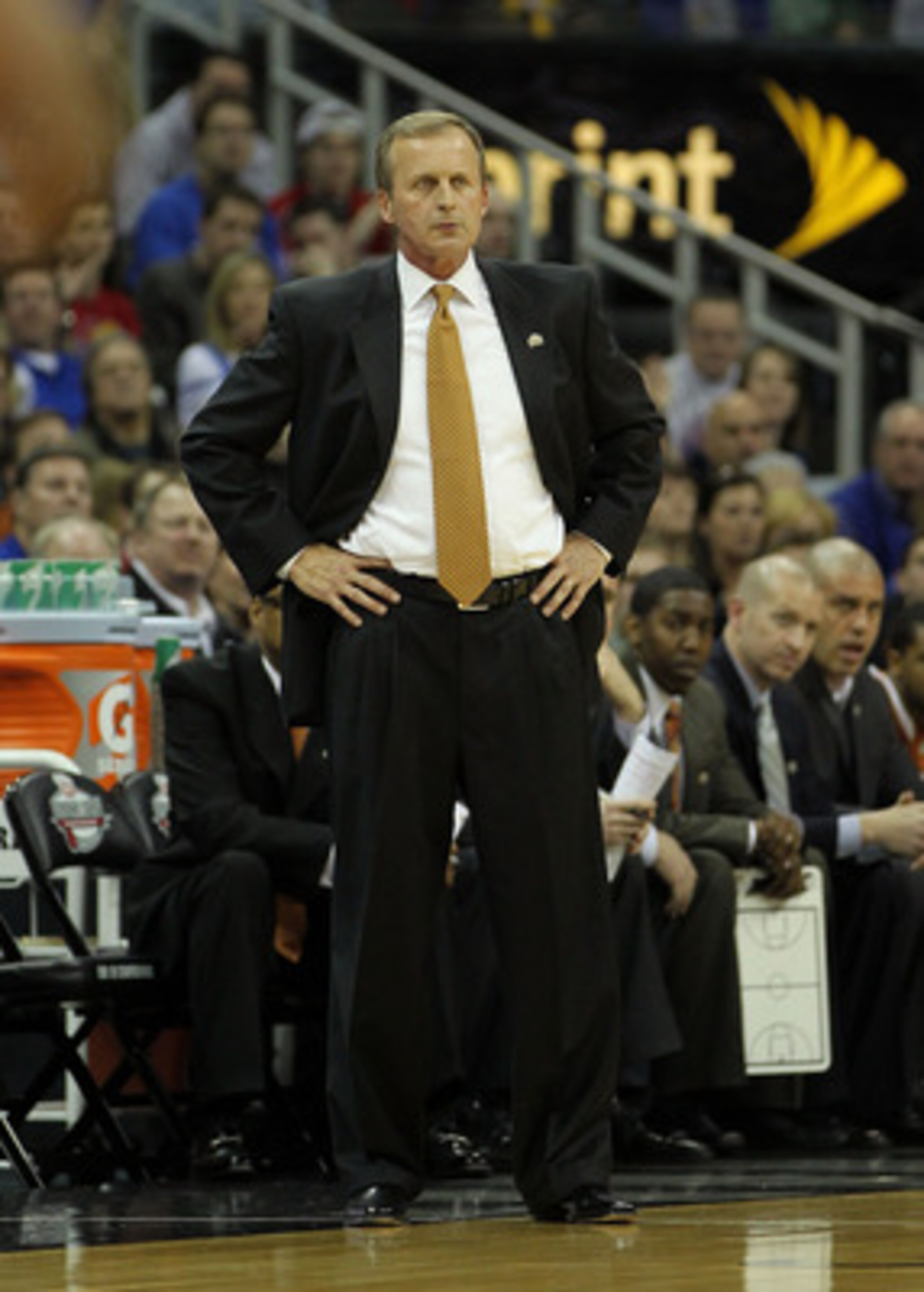 KANSAS CITY, MO - MARCH 12:  Head coach Rick Barnes of the Texas Longhorns looks on against the Kansas Jayhawks during the 2011 Phillips 66 Big 12 Men's Basketball Tournament championship game at Sprint Center on March 12, 2011 in Kansas City, Missouri.