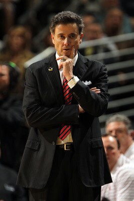 DENVER, CO - MARCH 17:  Head coach Rick Pitino of the Louisville Cardinals looks on from the sidelines against the Morehead State Eagles during the second round of the 2011 NCAA men's basketball tournament at Pepsi Center on March 17, 2011 in Denver, Colo