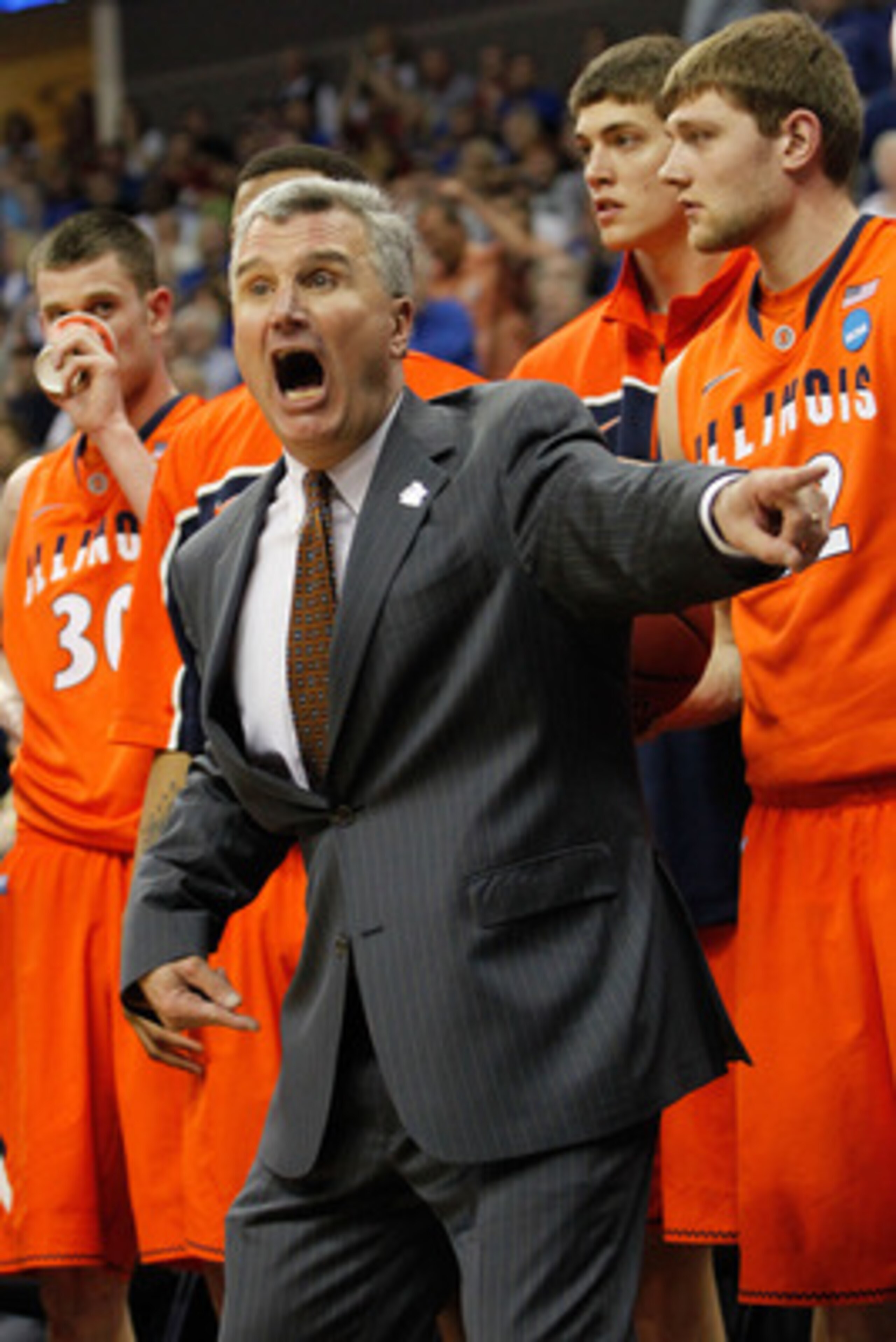 TULSA, OK - MARCH 20:  Head coach Bruce Weber of the Illinois Fighting Illini yells from the sidelines during the third round game against the Kansas Jayhawks in the 2011 NCAA men's basketball tournament at BOK Center on March 20, 2011 in Tulsa, Oklahoma.