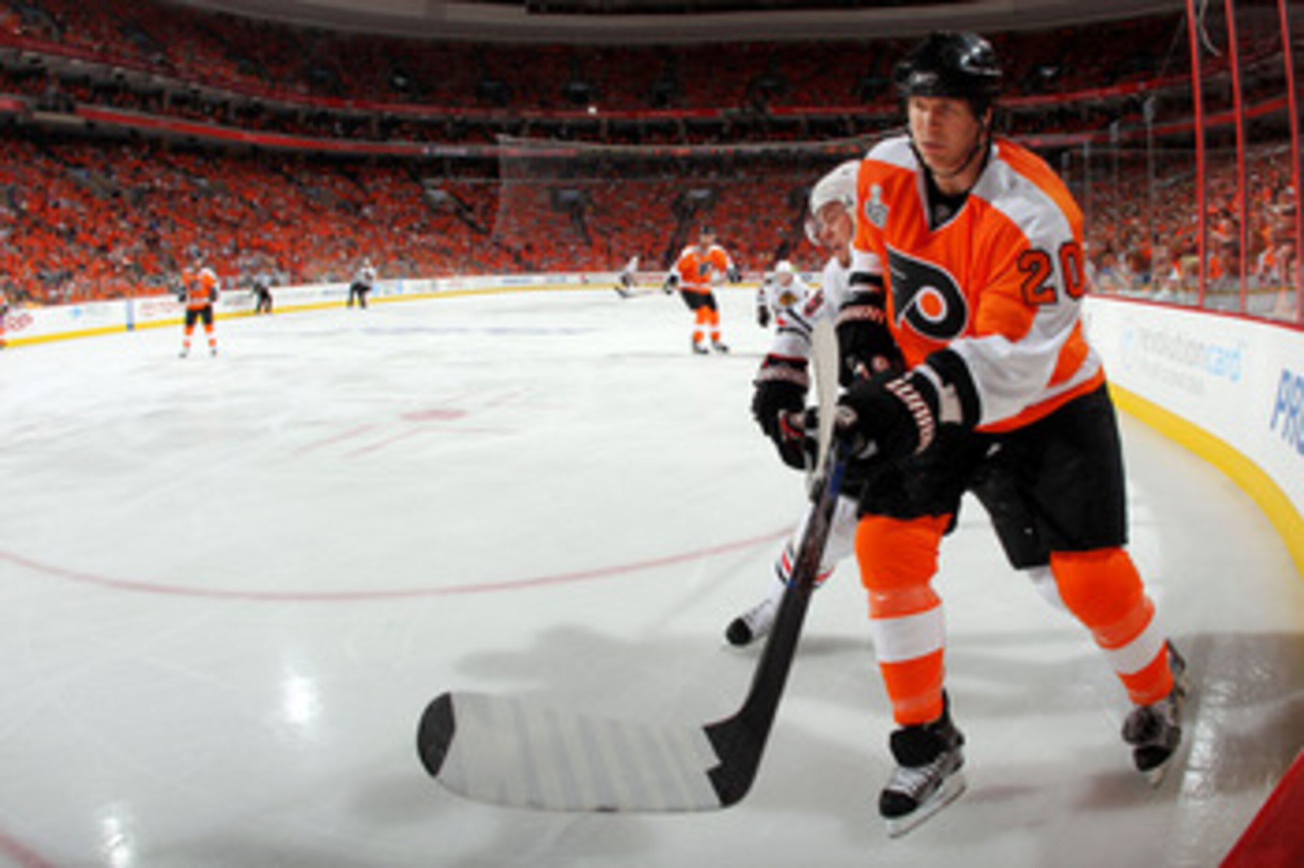 PHILADELPHIA - JUNE 02:  Chris Pronger #20 of the Philadelphia Flyers skates along the boards against  the Chicago Blackhawks in Game Three of the 2010 NHL Stanley Cup Final at Wachovia Center on June 2, 2010 in Philadelphia, Pennsylvania.  (Photo by Bruc