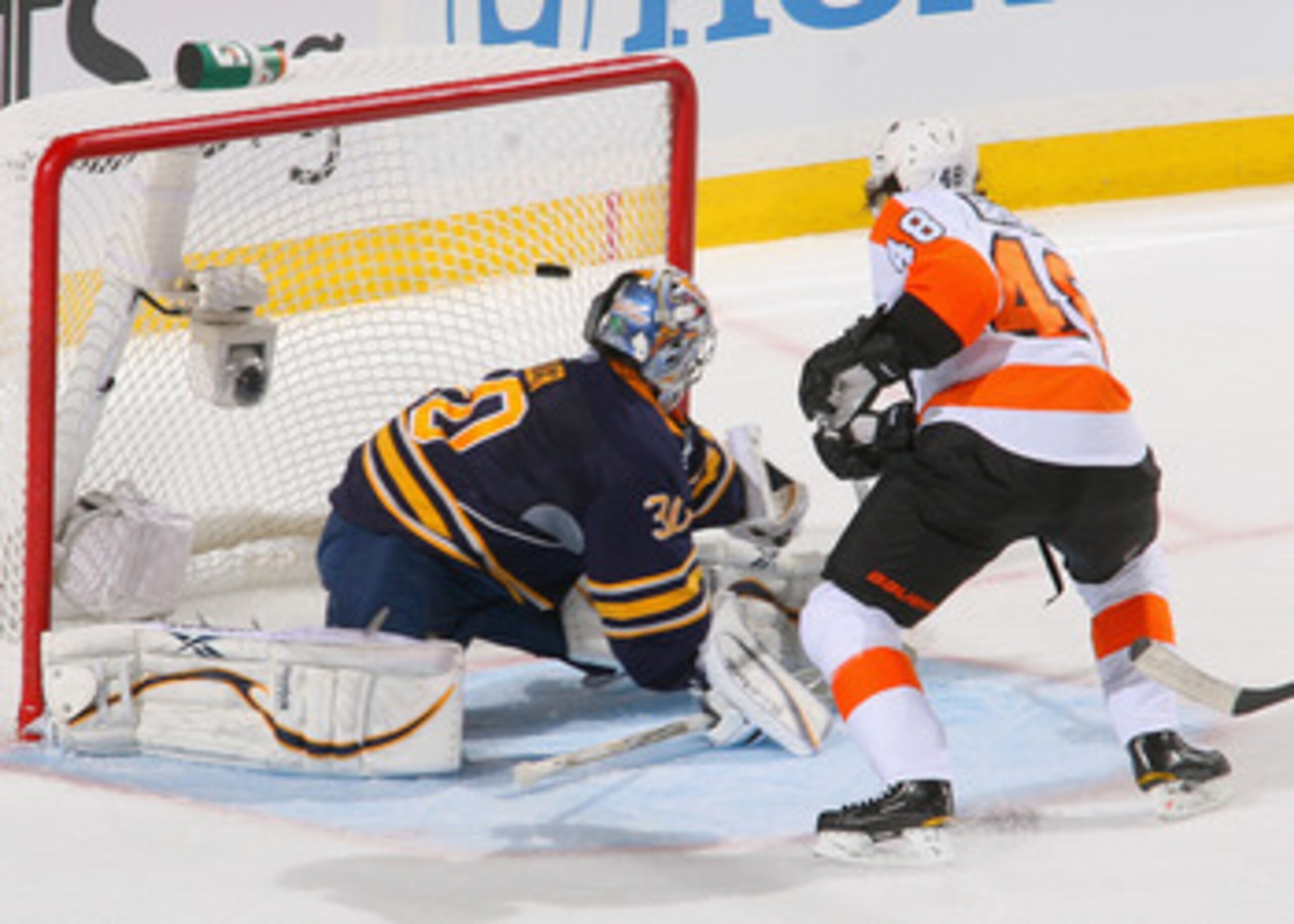 BUFFALO, NY - APRIL 24: Danny Briere #48 of the Philadelphia Flyers scores on Ryan Miller #30 of the Buffalo Sabres in the first period of Game Six of the Eastern Conference Quarterfinals during the 2011 NHL Stanley Cup Playoffs at HSBC Arena at HSBC Aren